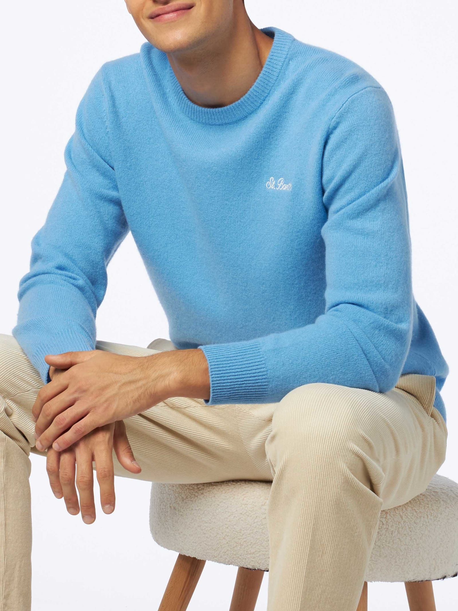 MC2 SAINT BARTH MAN CREWNECK LIGHT BLUE SWEATER WITH ST. BARTH EMBROIDERY