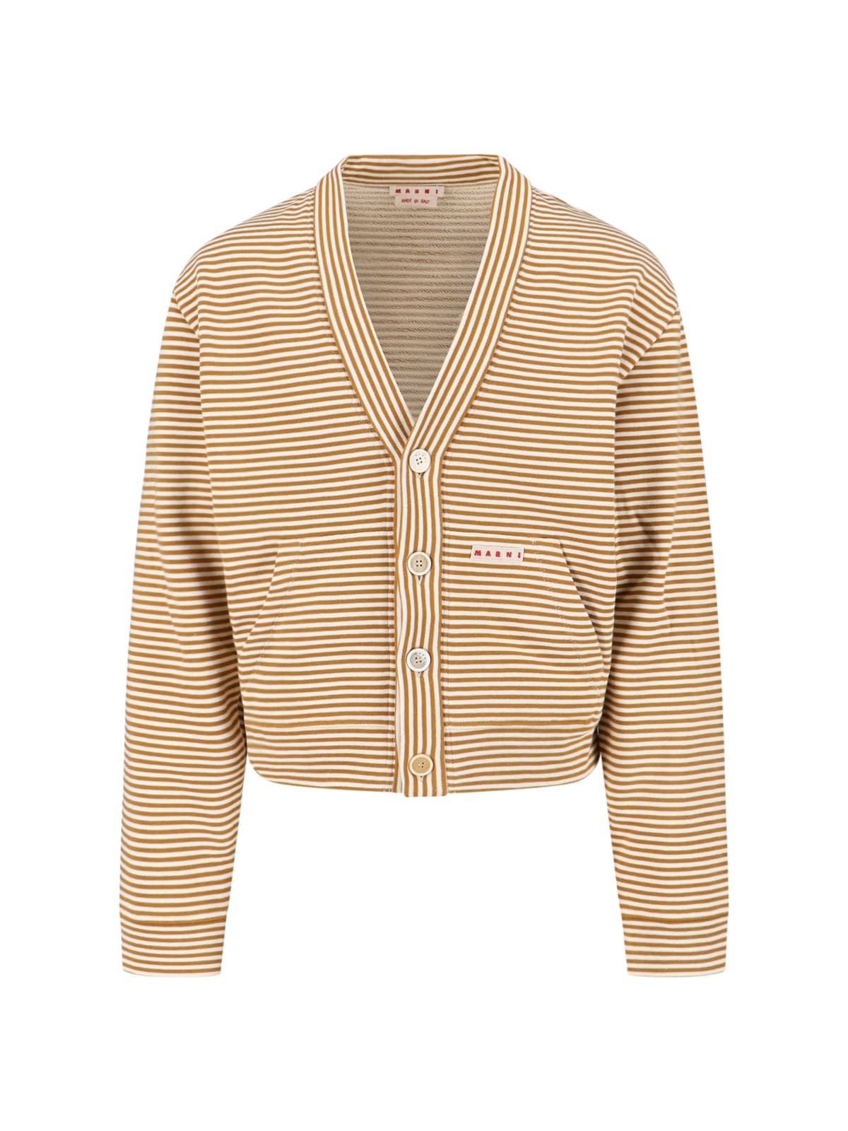 Marni Cropped Cardigan Sweater With Horizontal Stripes And Logo Detail In Brown