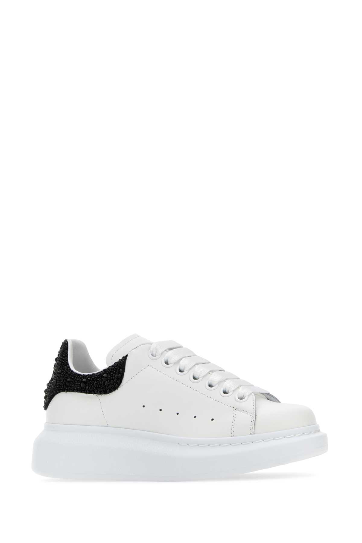 ALEXANDER MCQUEEN WHITE LEATHER SNEAKERS WITH EMBELLISHED SUEDE HEEL
