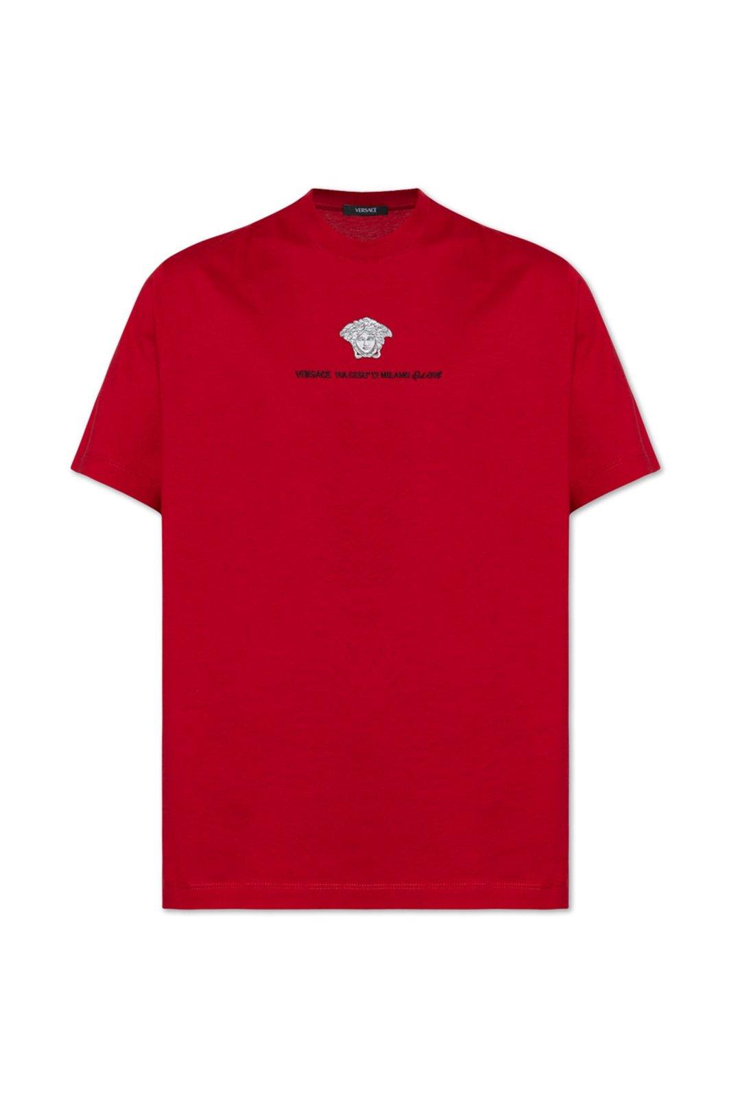 Shop Versace Logo-embroidered Crewneck T-shirt In Red