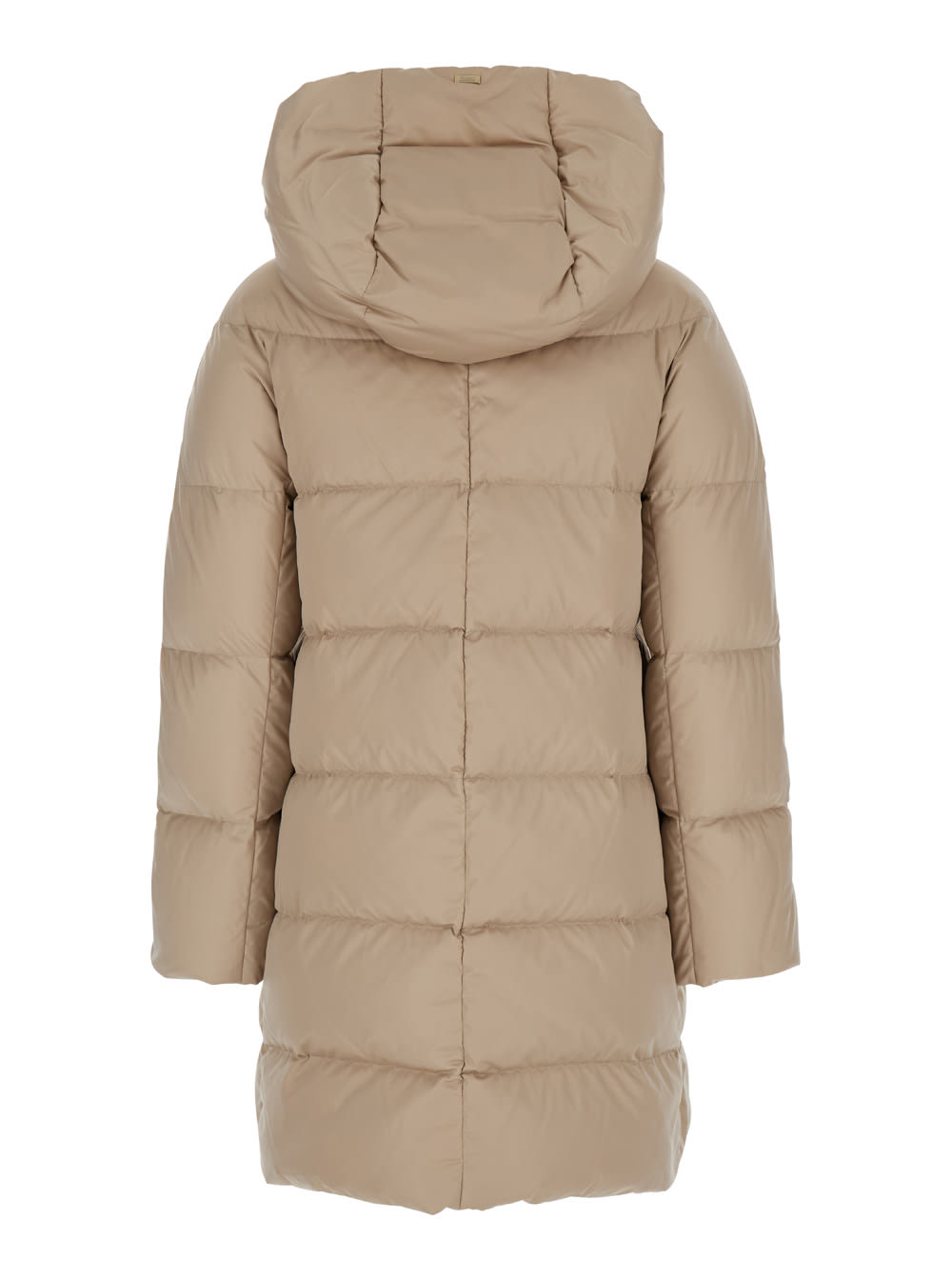 Shop Herno Long Beige Down Jacket With Hood In Satin Woman