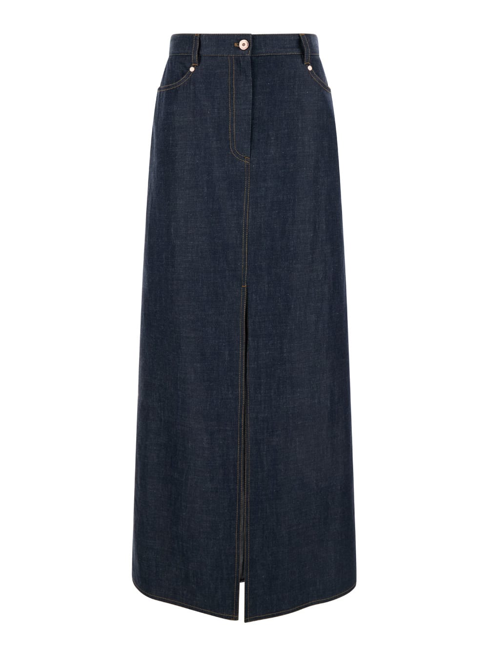 Shop Brunello Cucinelli Maxi Blue Skirt With Contrasting Stitching In Cotton Denim Woman