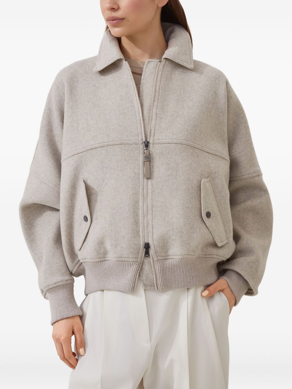 Brunello Cucinelli Double Fabric Bomber Jacket In Neutral