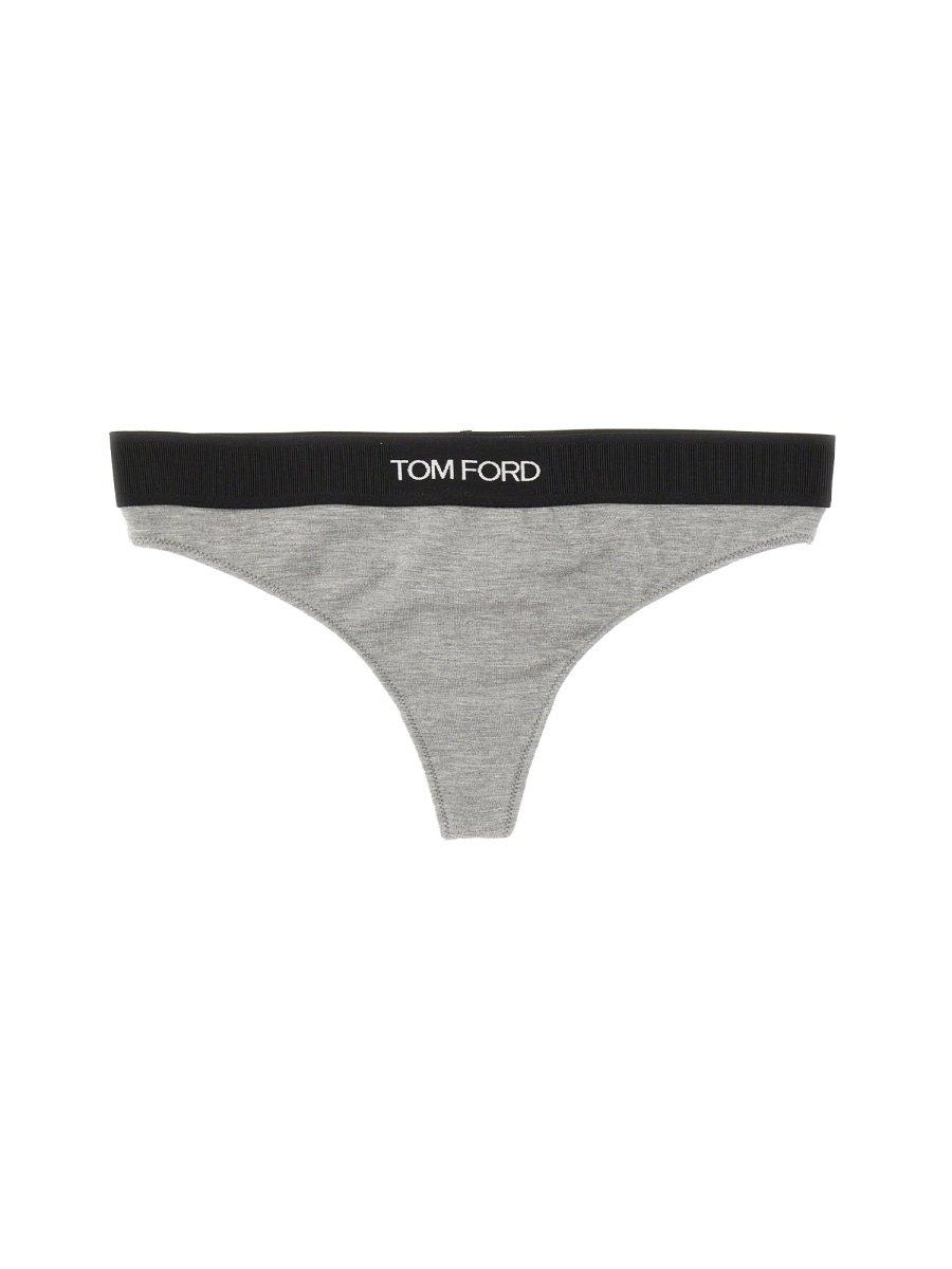 Shop Tom Ford Logo-waistband Stretch Thongs In Grey