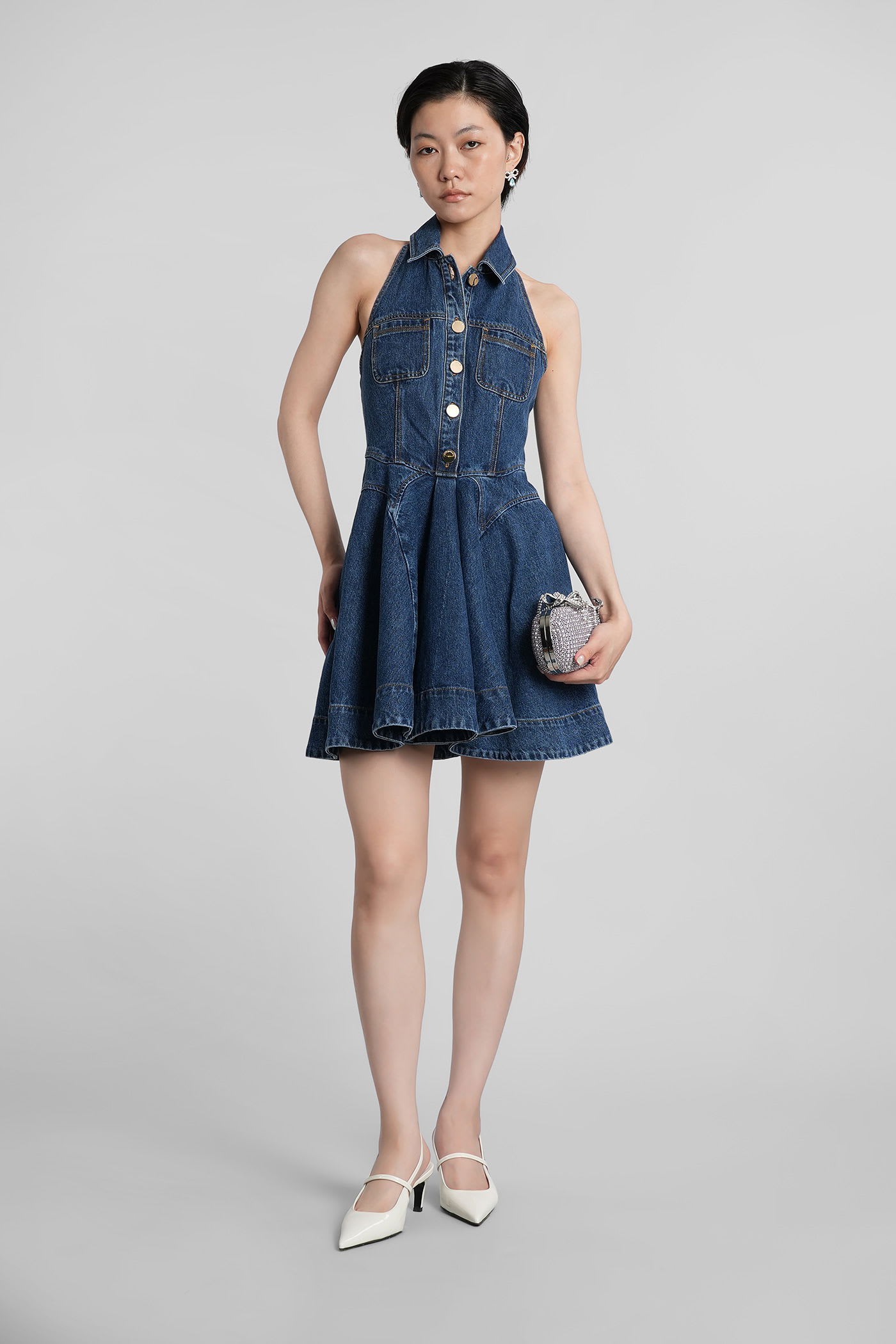 Self-portrait Blue Cotton Denim Flared Mini Dress In Blue