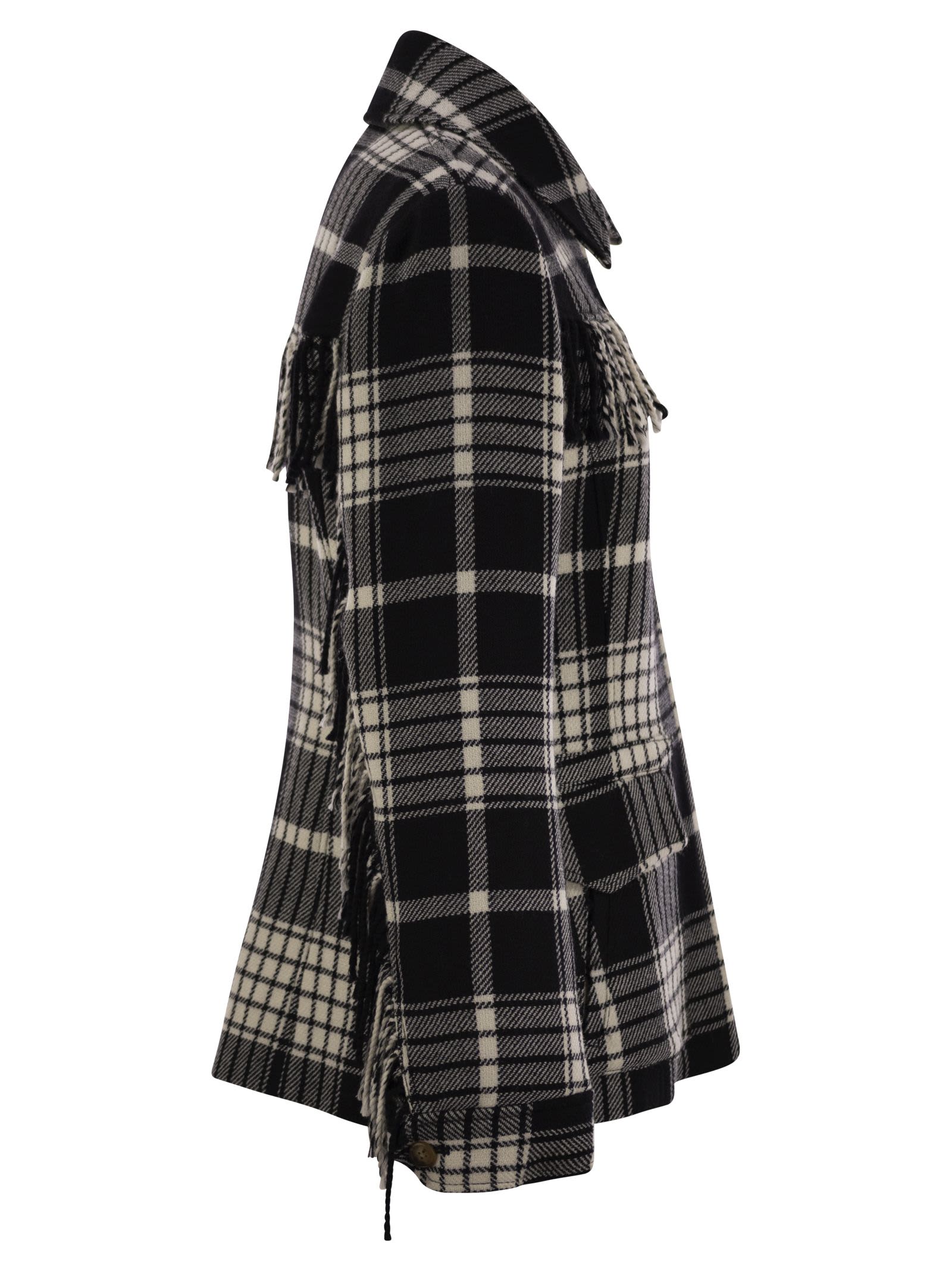 Shop Polo Ralph Lauren Plaid Wool Jacket With Fringes In Black/cream