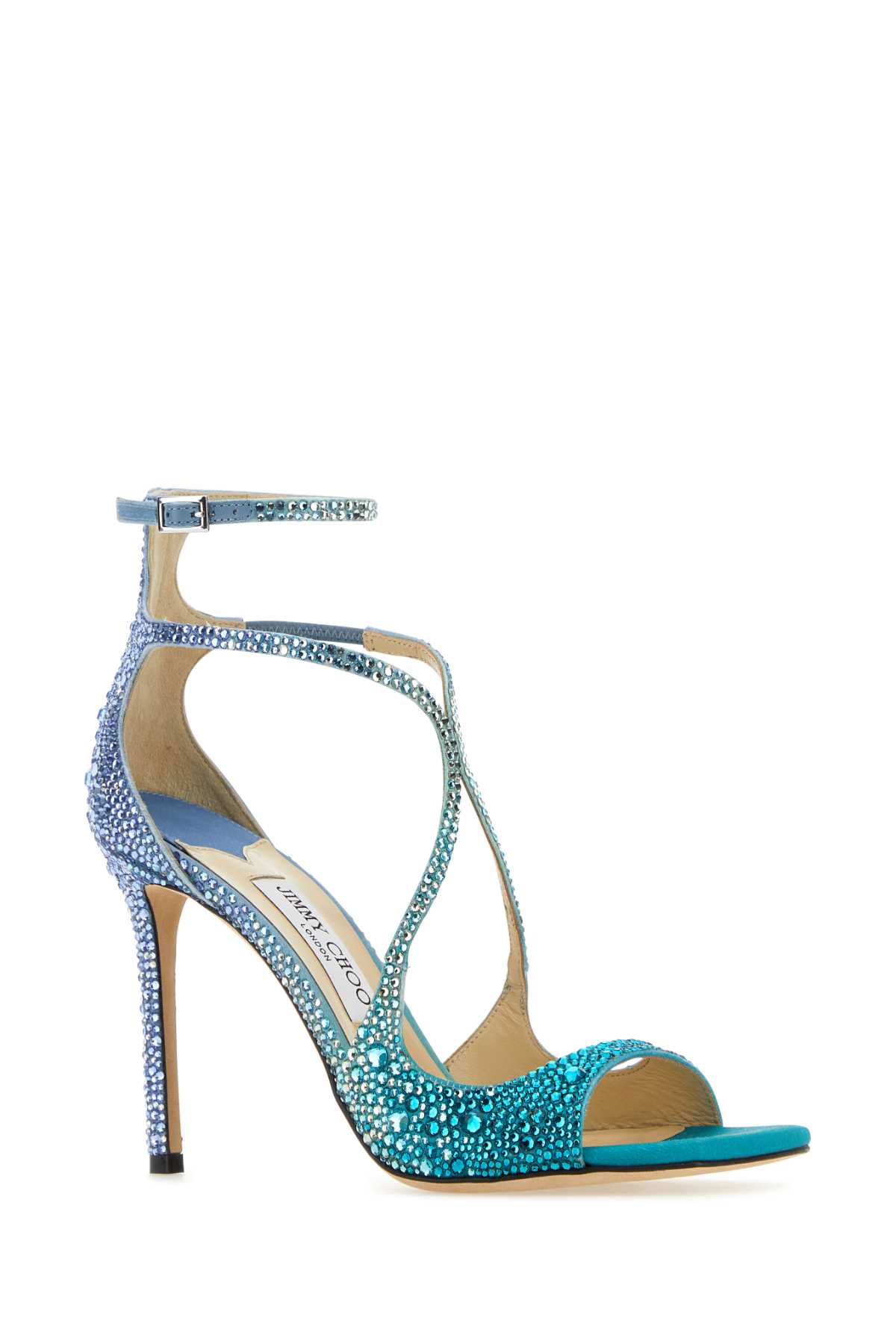 Jimmy Choo Embellished Fabric Azia 95 Sandals In Peacocksmokegreensmokyblue