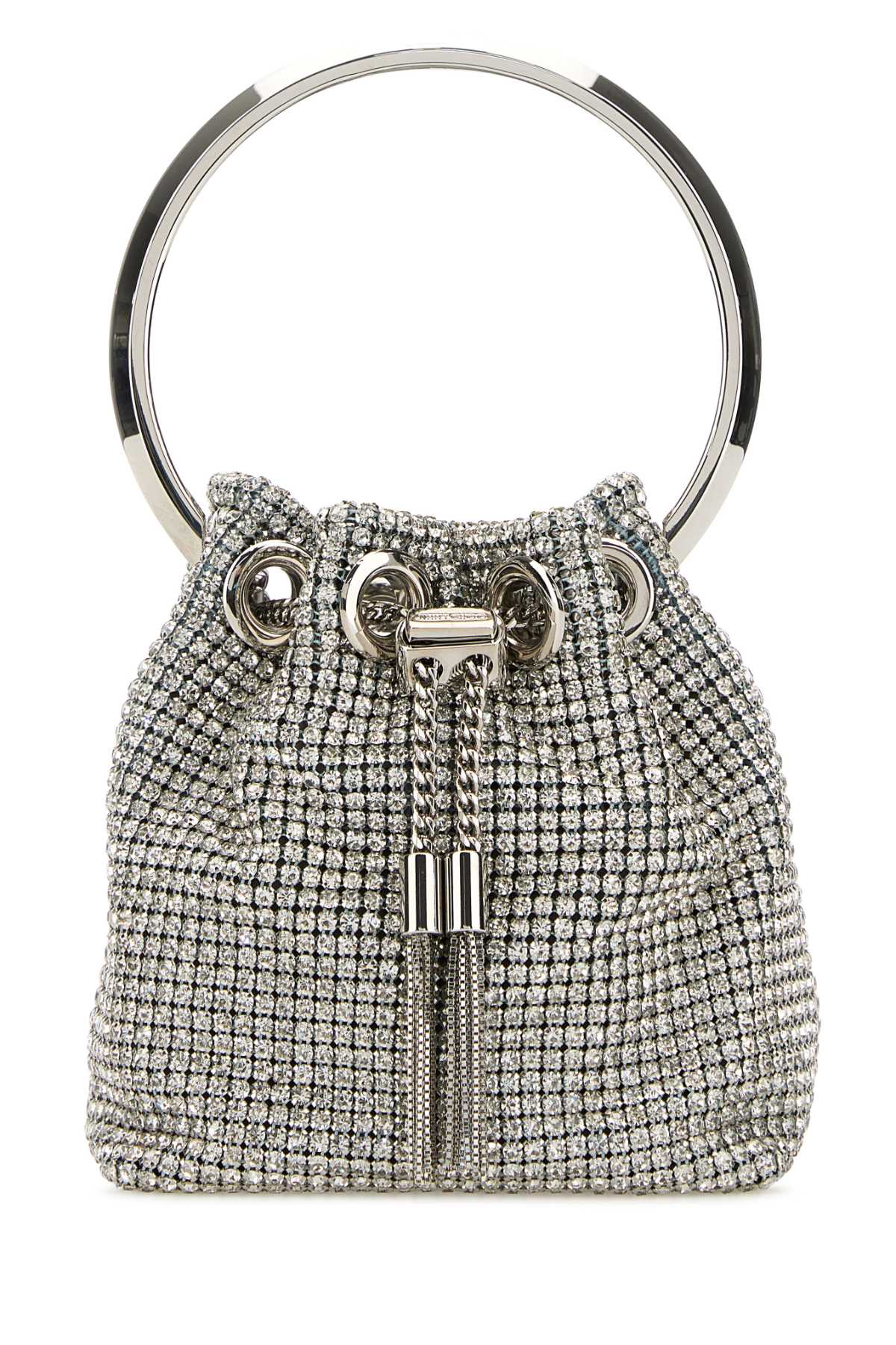 Jimmy Choo Silver Rhinestone Mesh Micro Bon Bon Bucket Bag