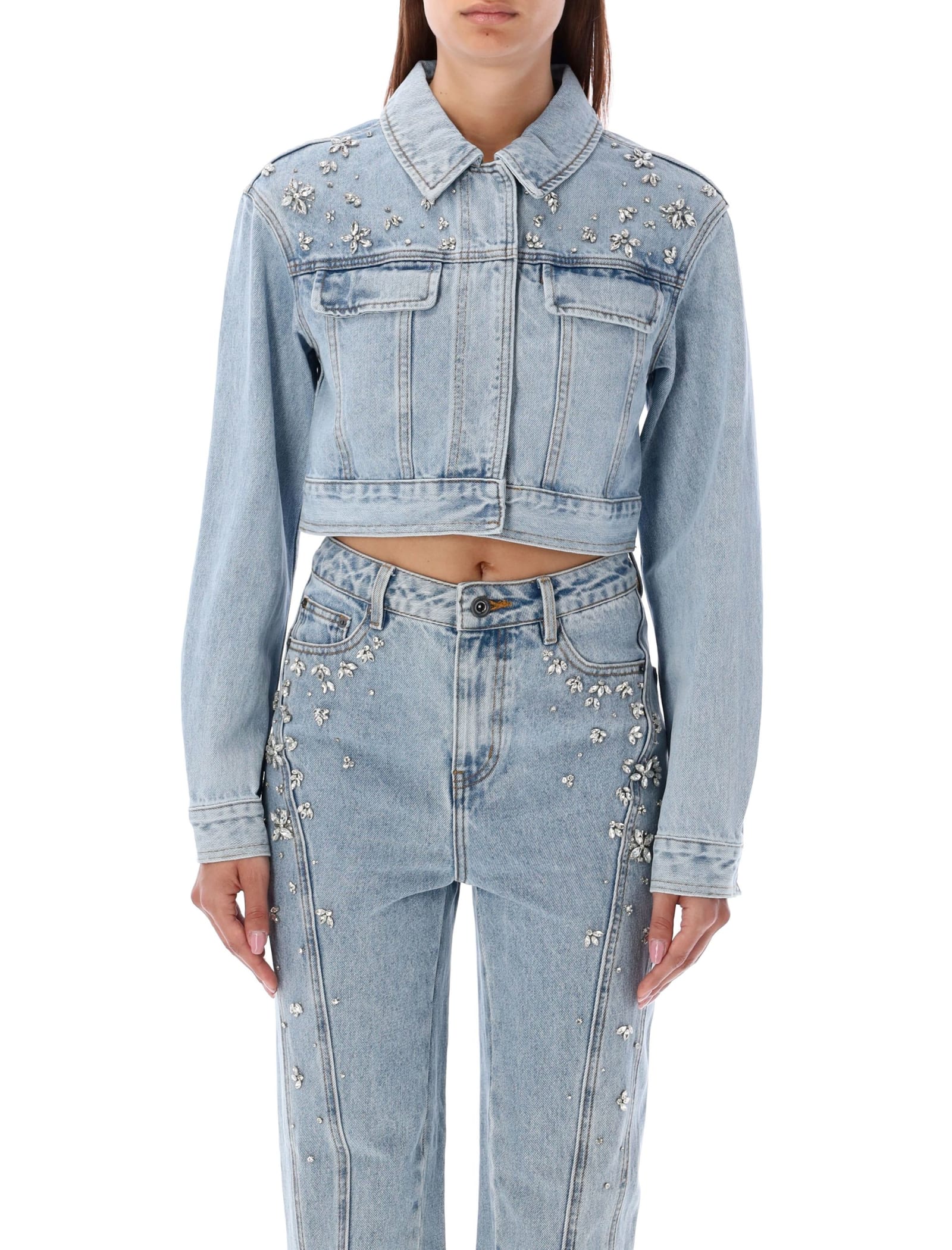 Shop Self-portrait Denim Cropped Jacket Crystal In Light Blue