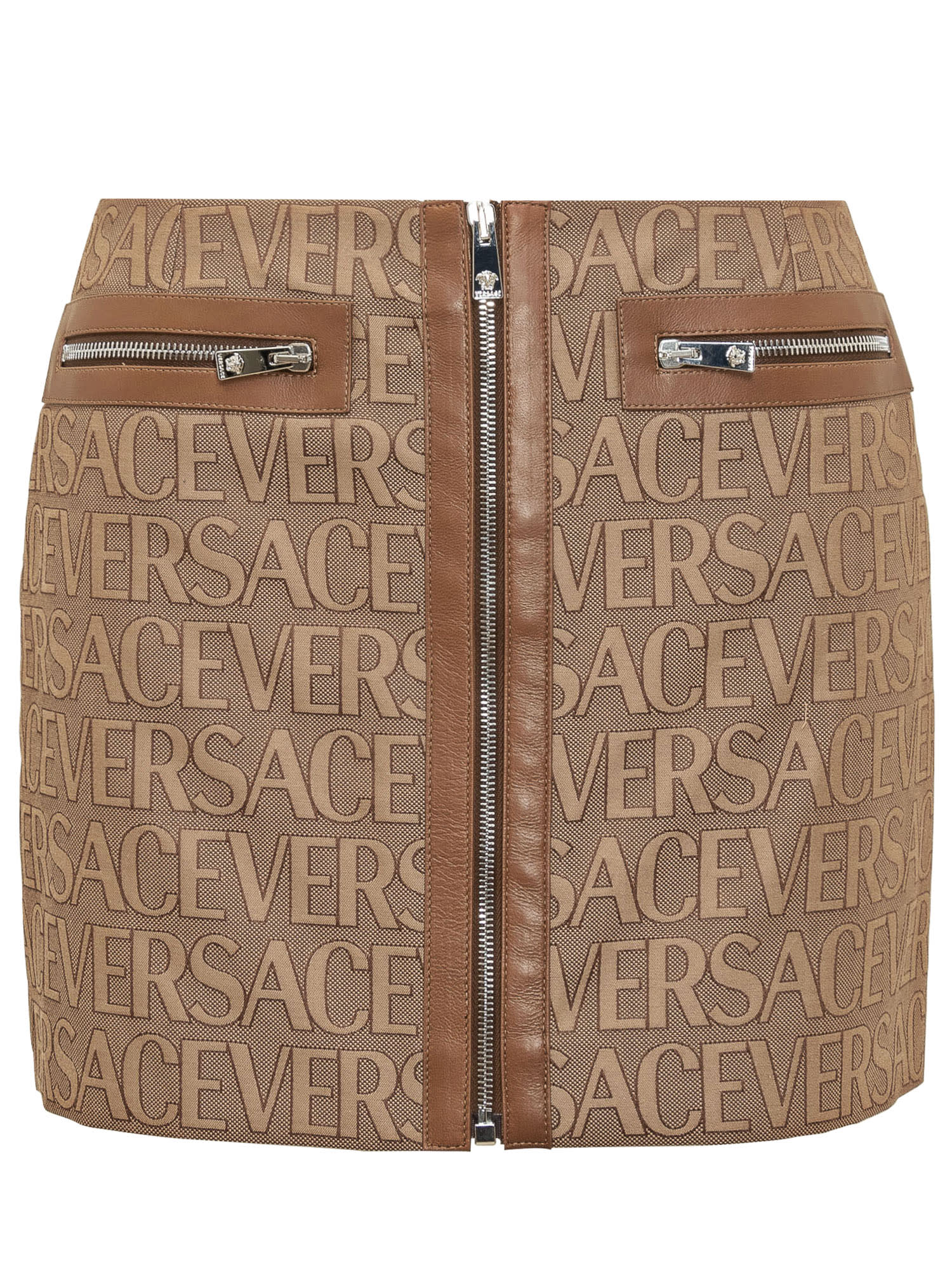 Shop Versace Allover Miniskirt In Brown-beige