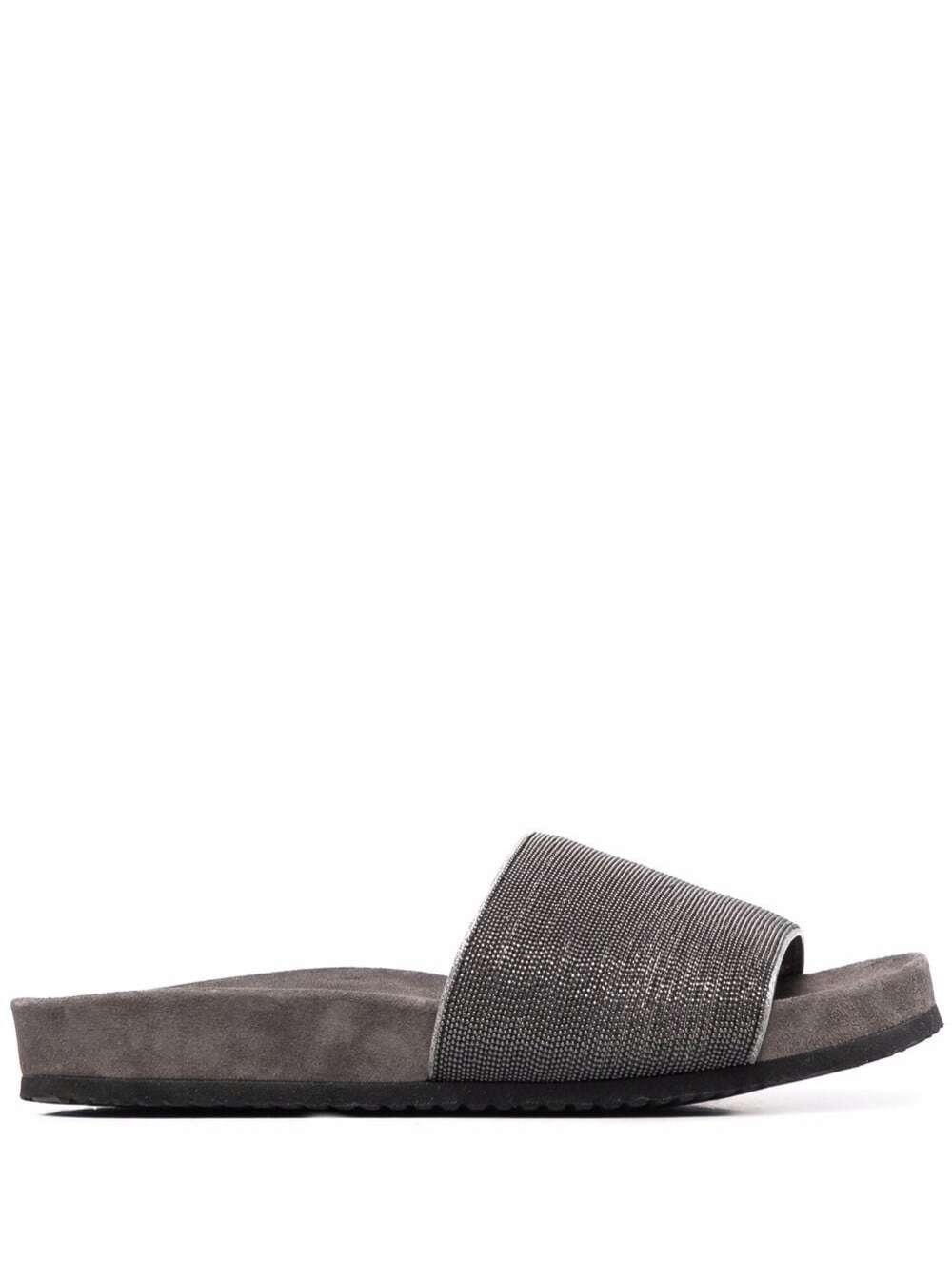Shop Brunello Cucinelli Grey Suede Slide Sandals With Monile Detail  Woman