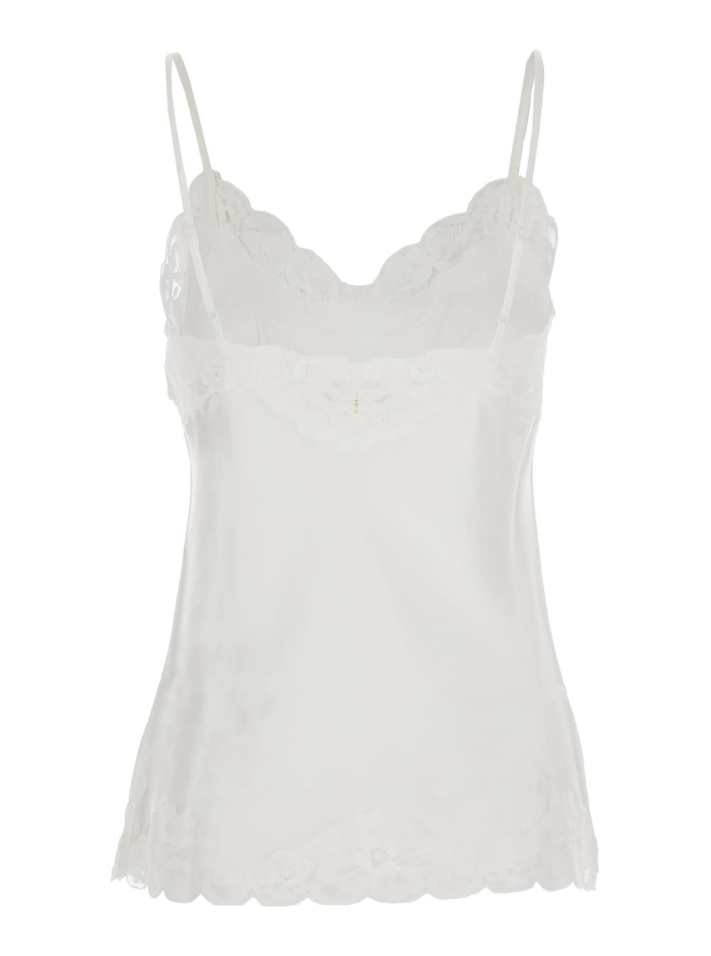 Gold Hawk White Sleeveless Top With Adjustable Spaghetti Straps And Floral Emellishment