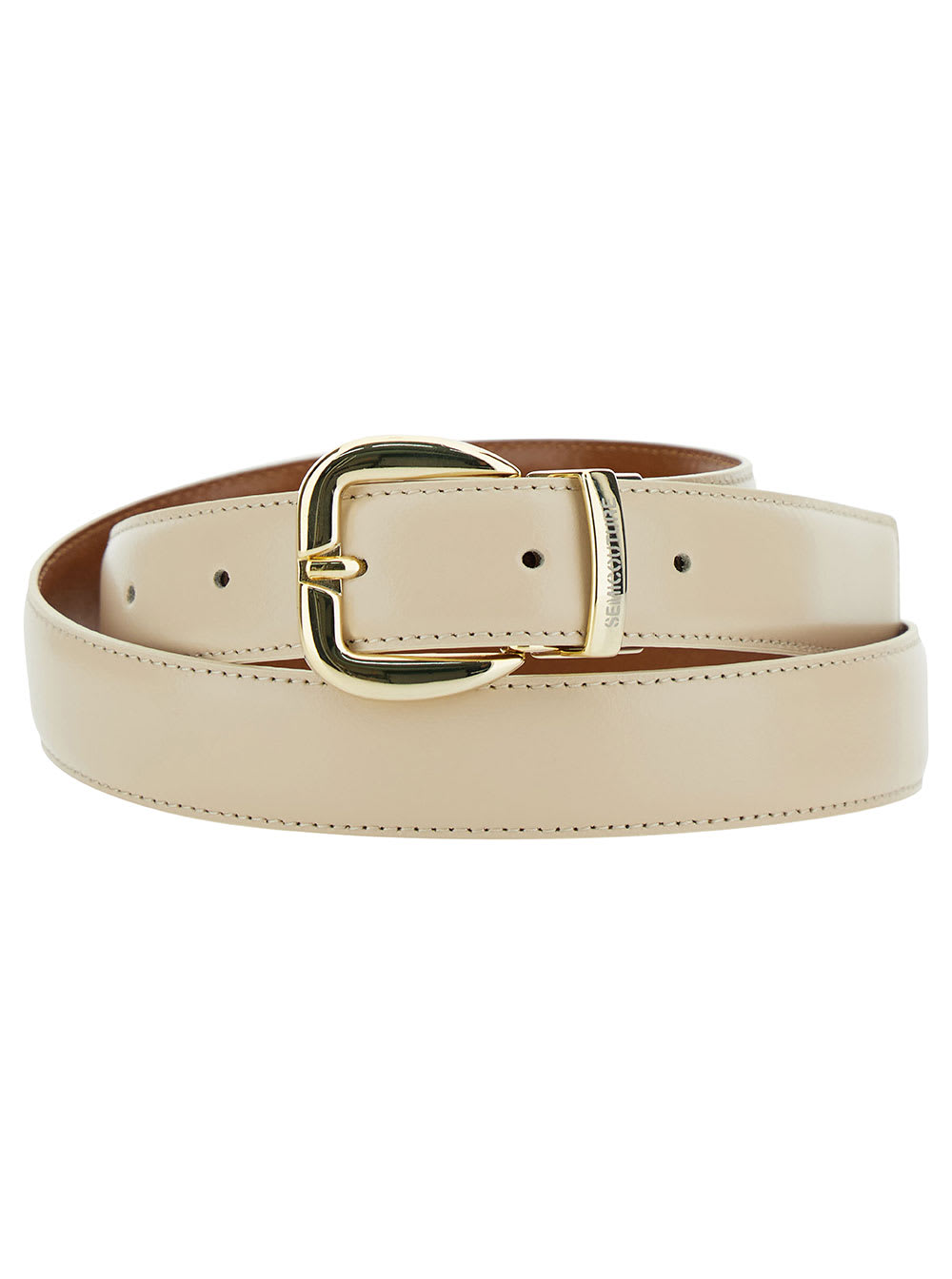 Shop Semicouture Gea Light Beige Belt With Engraved Logo In Leather Woman In White