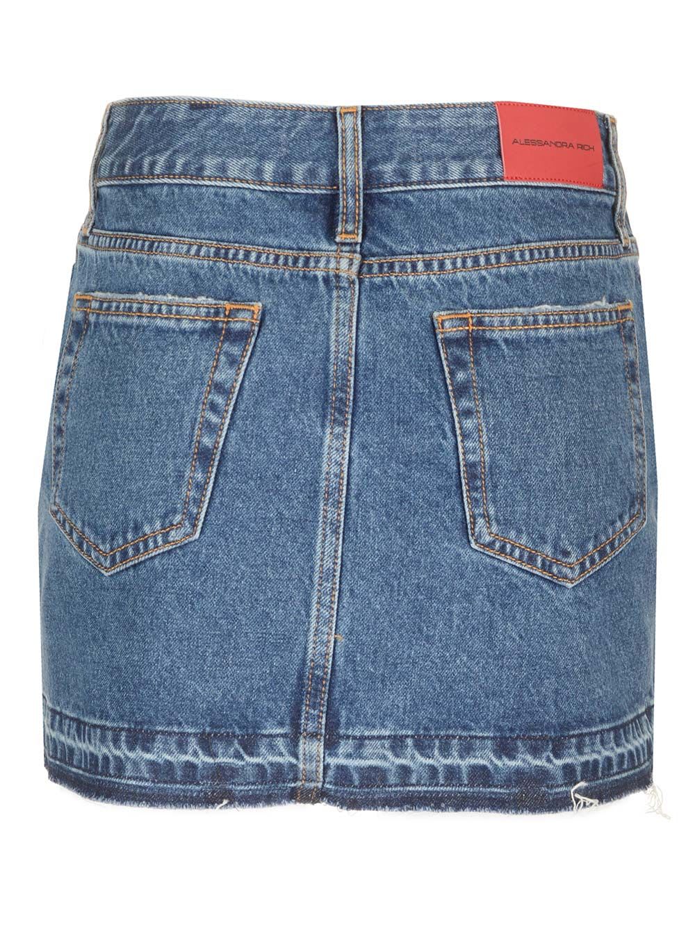 Alessandra Rich Denim Mini Skirt W/crystals In Blue