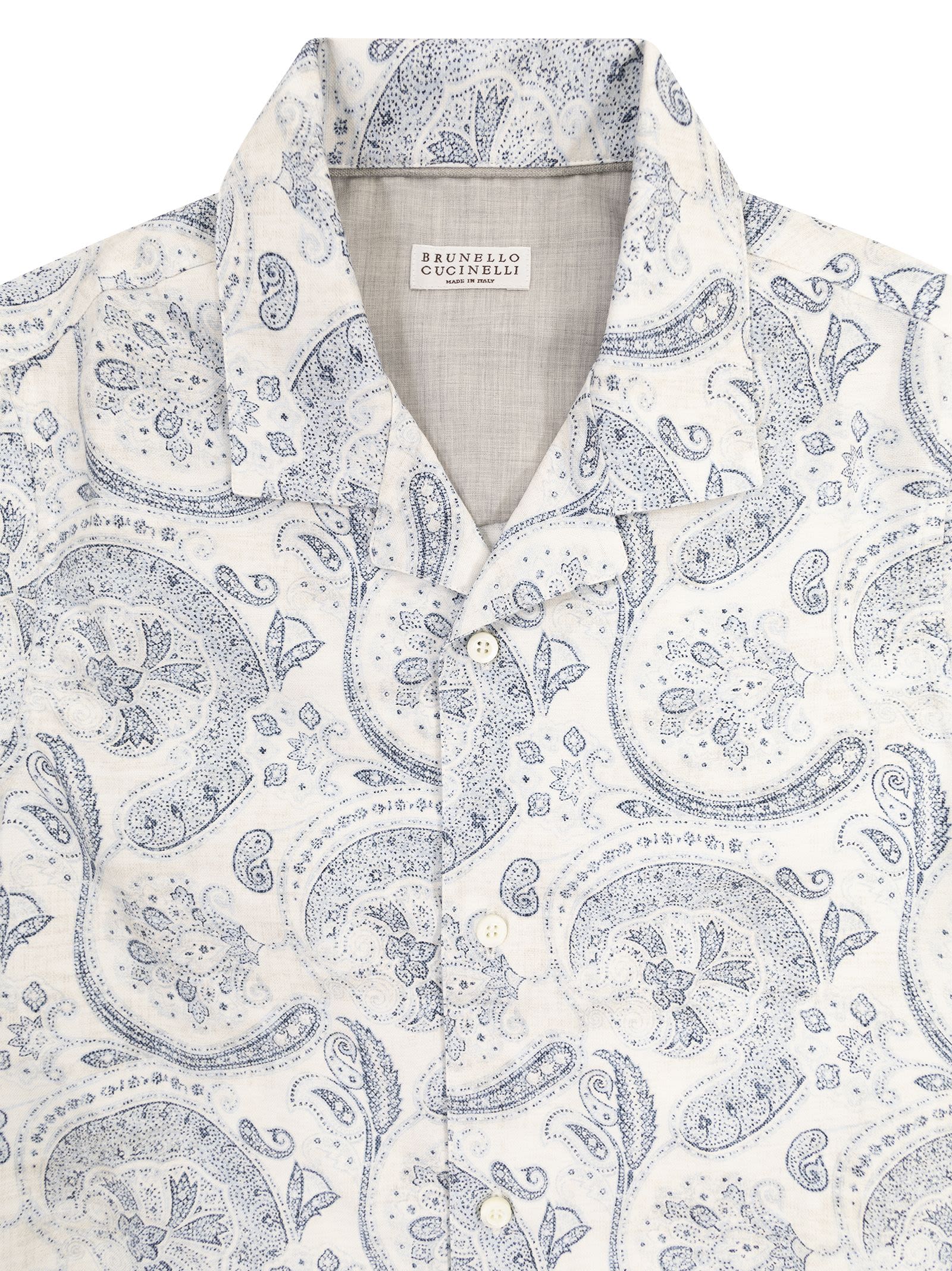 Shop Brunello Cucinelli Paisley Print Linen Short-sleeved Shirt With Camp Collar In White/blue