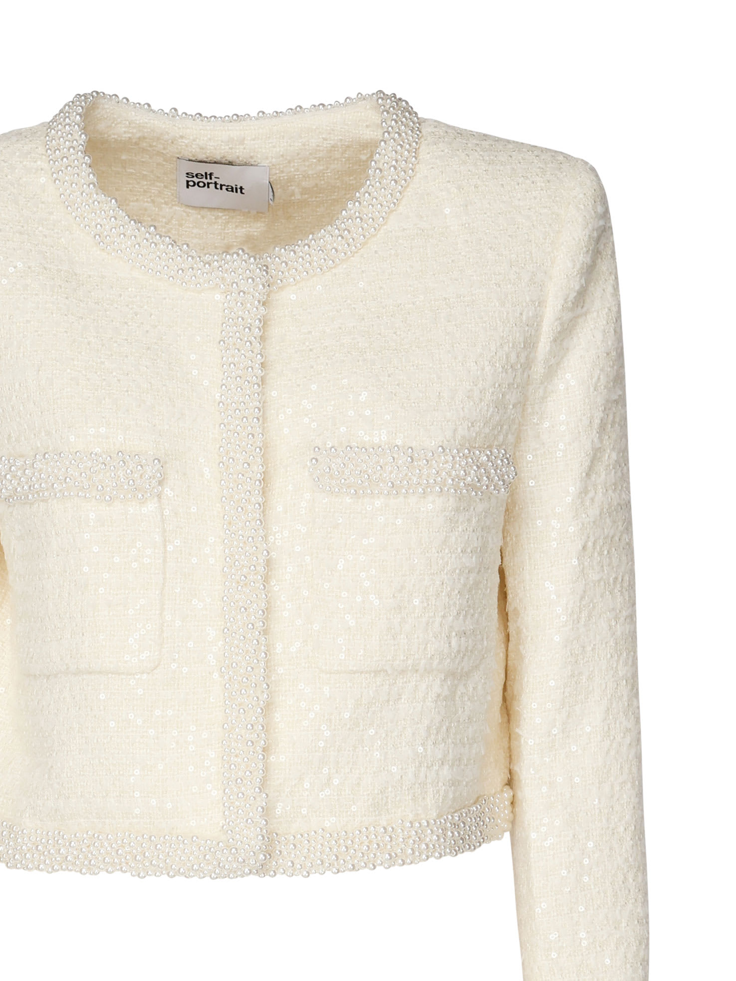 Shop Self-portrait Self Portrait Tweed Jacket With Shimmering Appliqués In White