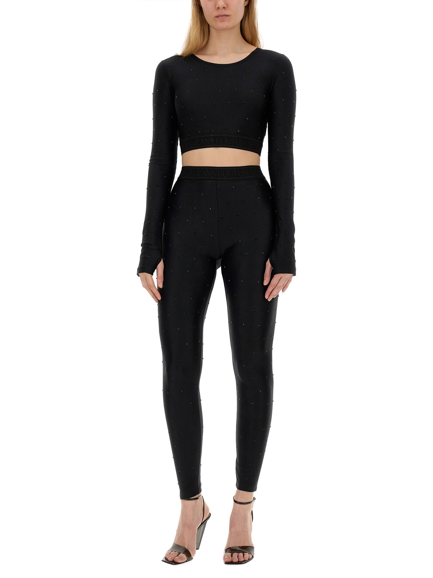 Versace Jeans Couture Long-sleeved Cropped Top In Nero