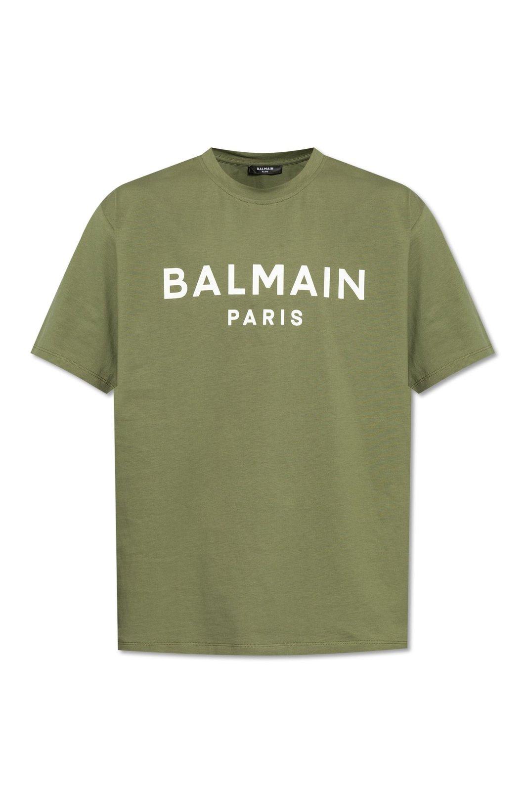 Shop Balmain Logo Printed Crewneck T-shirt In Kaki/blanc