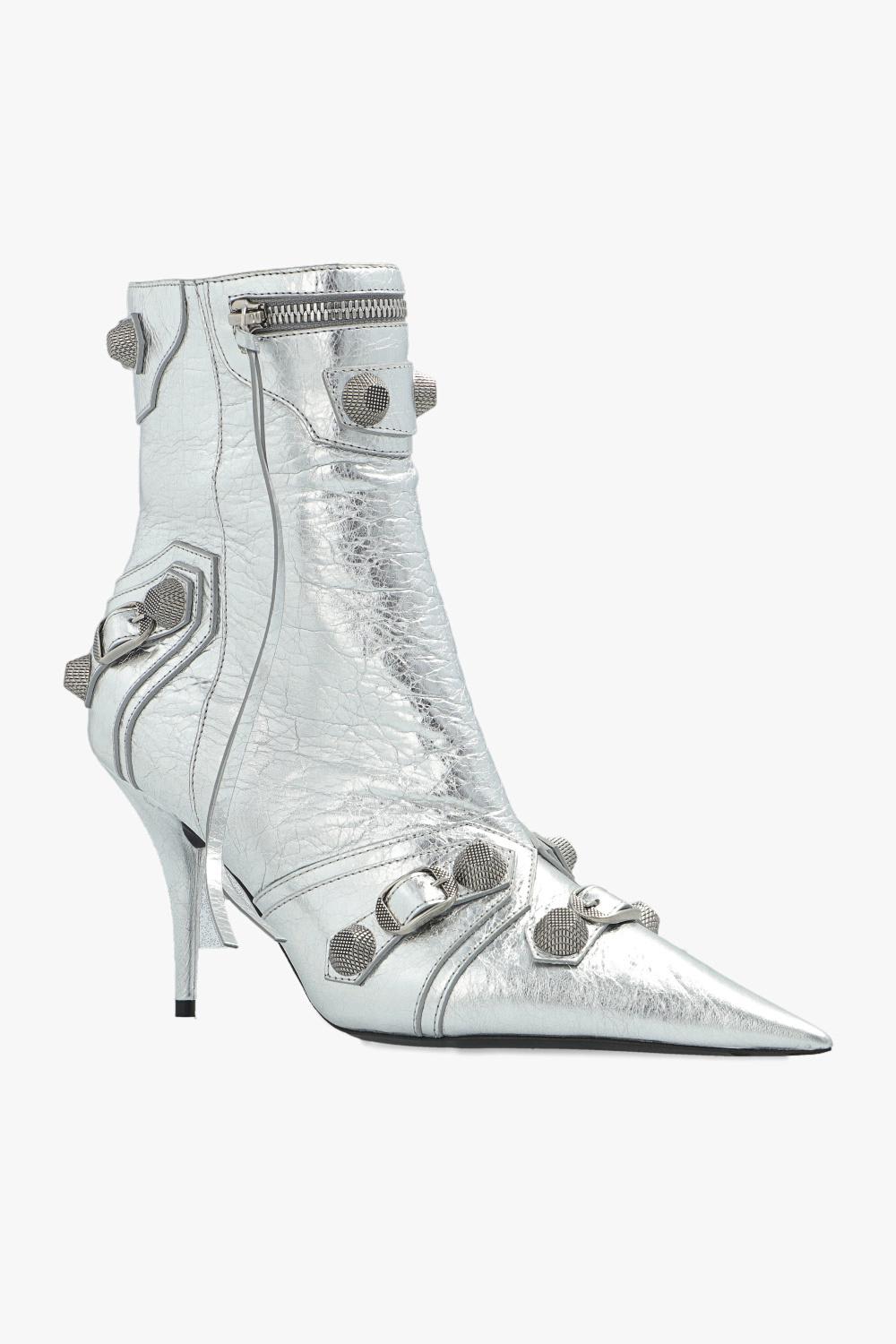 Shop Balenciaga Cagole Heeled Ankle Boots In Silver