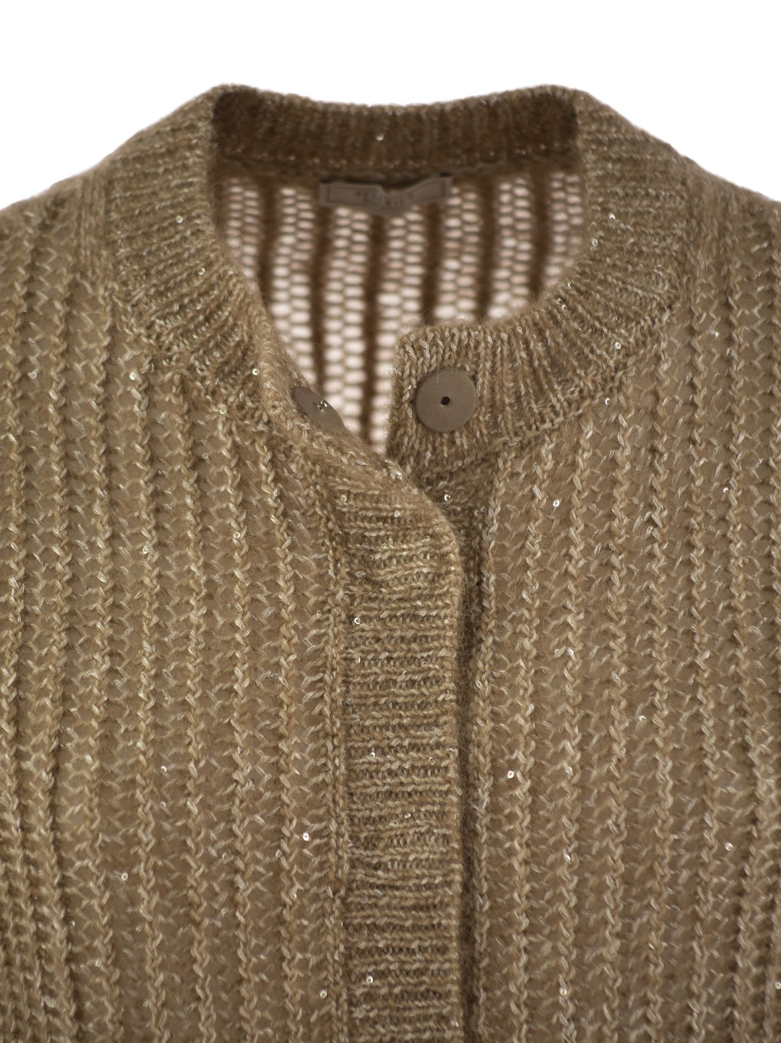 Shop Peserico Tricot Cardigan With Micro-sequins In Hazelnut