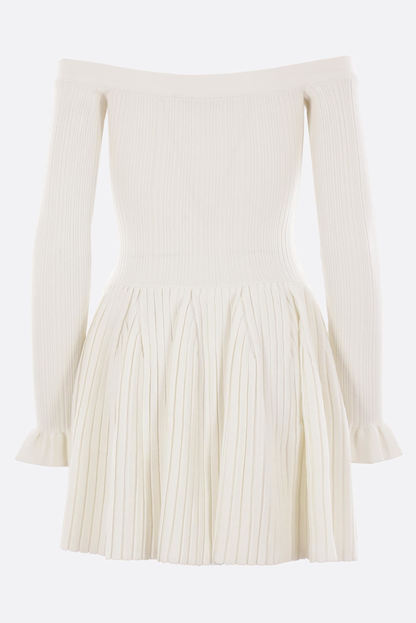 Self-portrait Off-the-shoulder Pleated Ribbed-knit Mini Dress In White