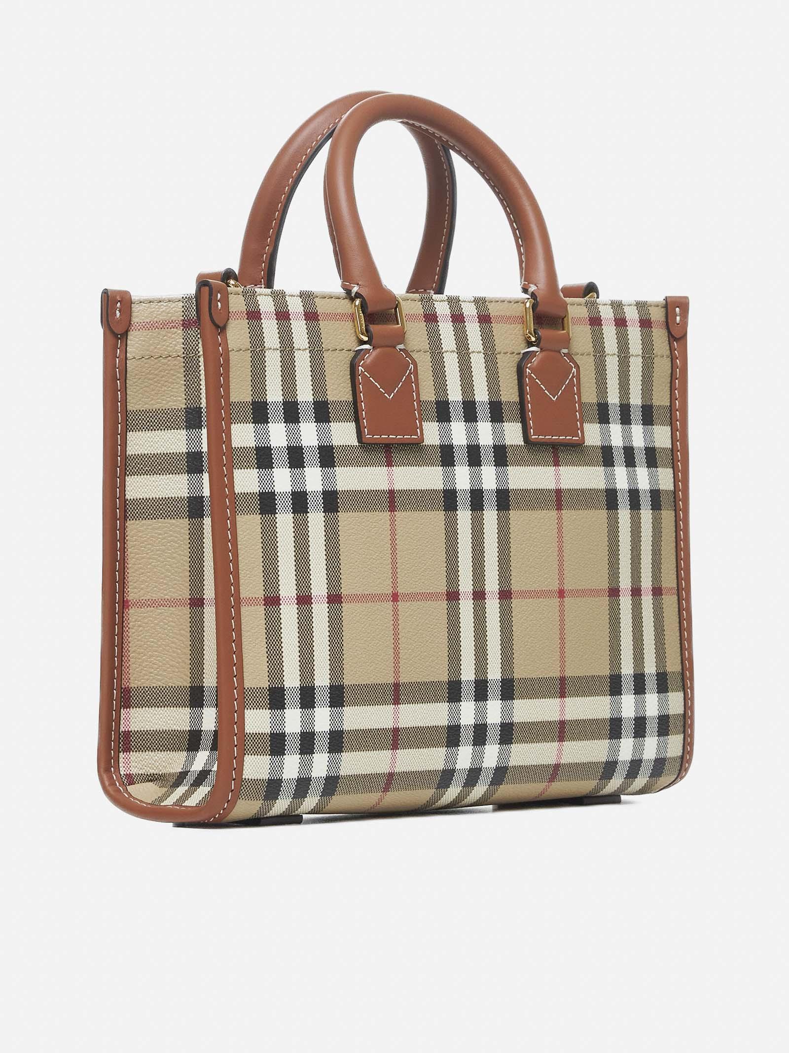 Shop Burberry Freya Check Canvas Mini Tote Bag In Vntg Chk/briar Brown