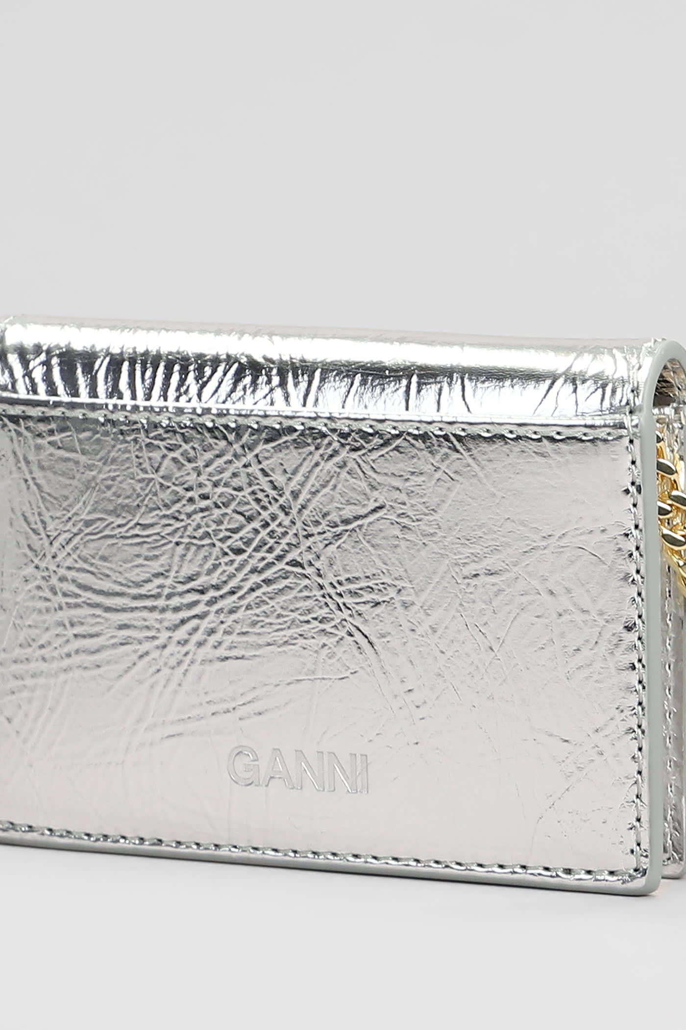 Ganni Bou Flap Wallet In Silver Leather In Silver