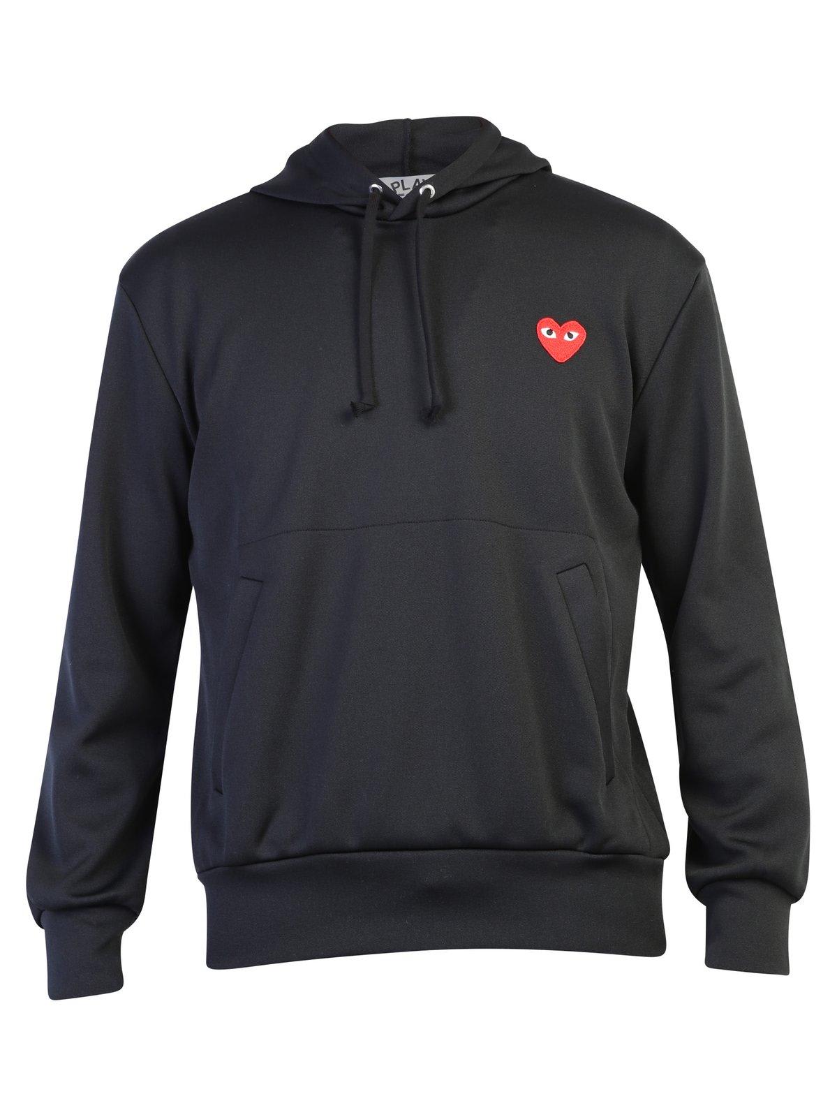 Shop Comme Des Garçons Play Heart Logo Embroidered Drawstring Hoodie In Black