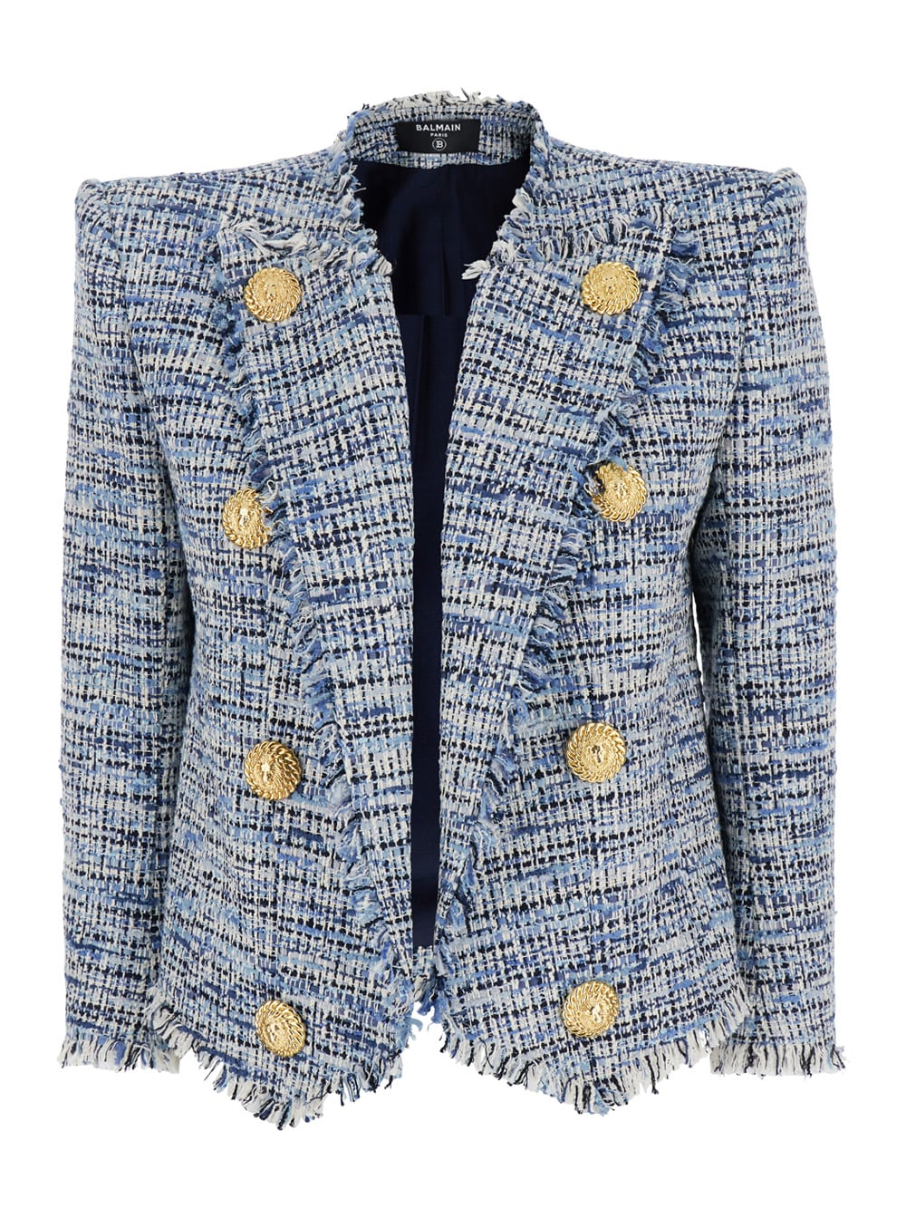 side To Side Blue Jacket With Peak Revers And Jewel Buttons In Cotton Blend Woman