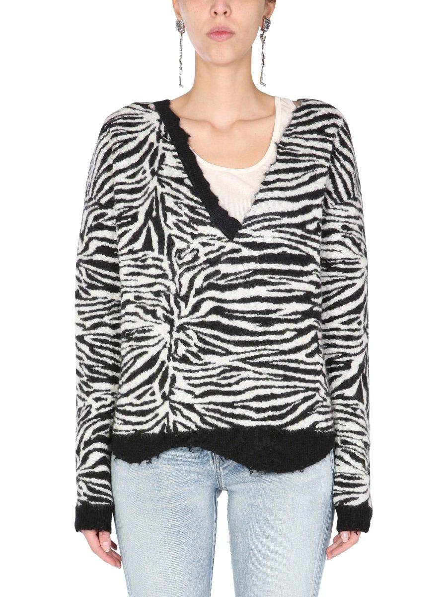 Shop Saint Laurent Zebra Patterned V-neck Sweater In Multicolour