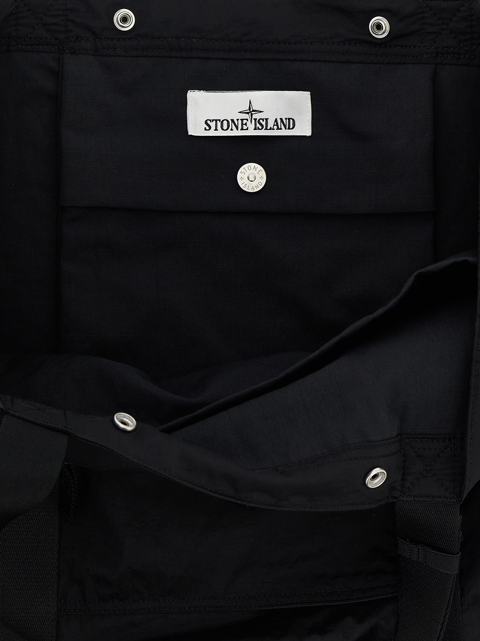 Stone Island Logo Patch Shopping Bag Tote Bag Black In Black