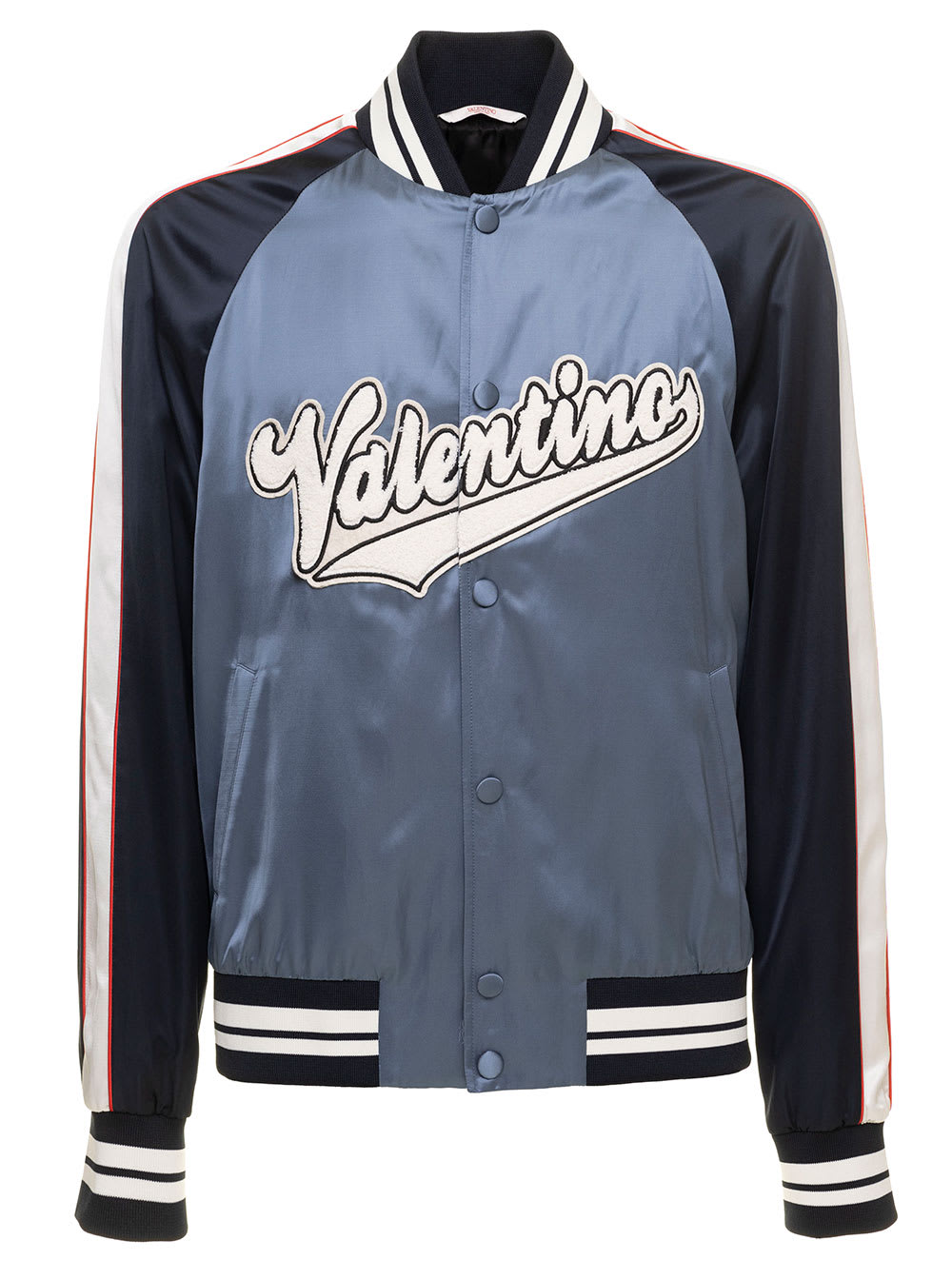Valentino Mans Varsity Bicolor Satin Jacket With Logo Signature Patch Logo