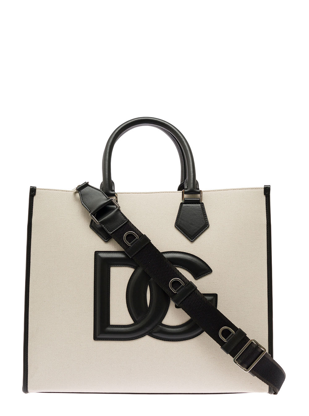 Dolce & Gabbana Mans Black And White Cotton Shopper Bag With Embossed Logo