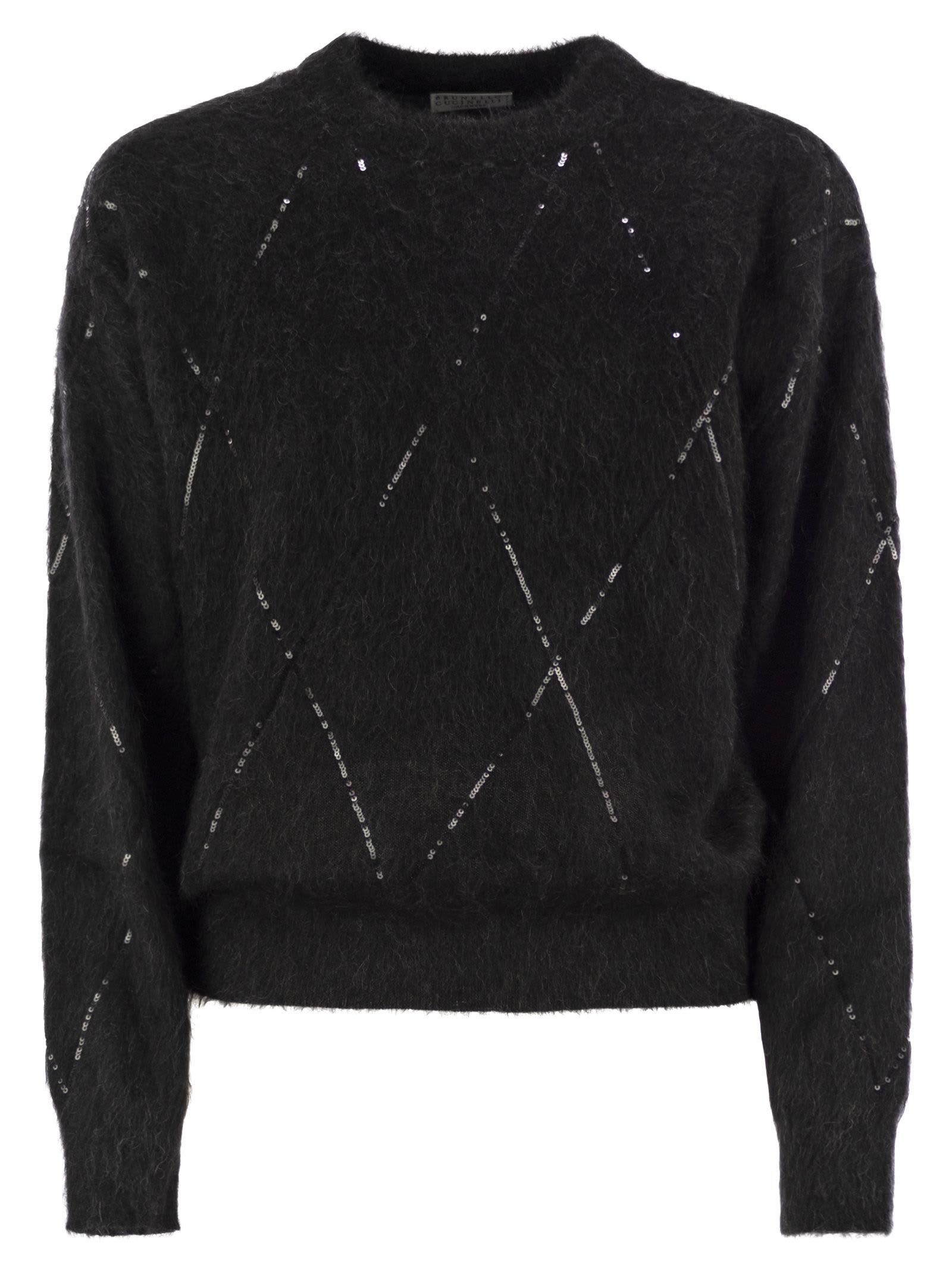 Shop Brunello Cucinelli Mohair, Wool, Cashmere And Silk Sweater With Dazzling Argyle Embroidery In Anthracite