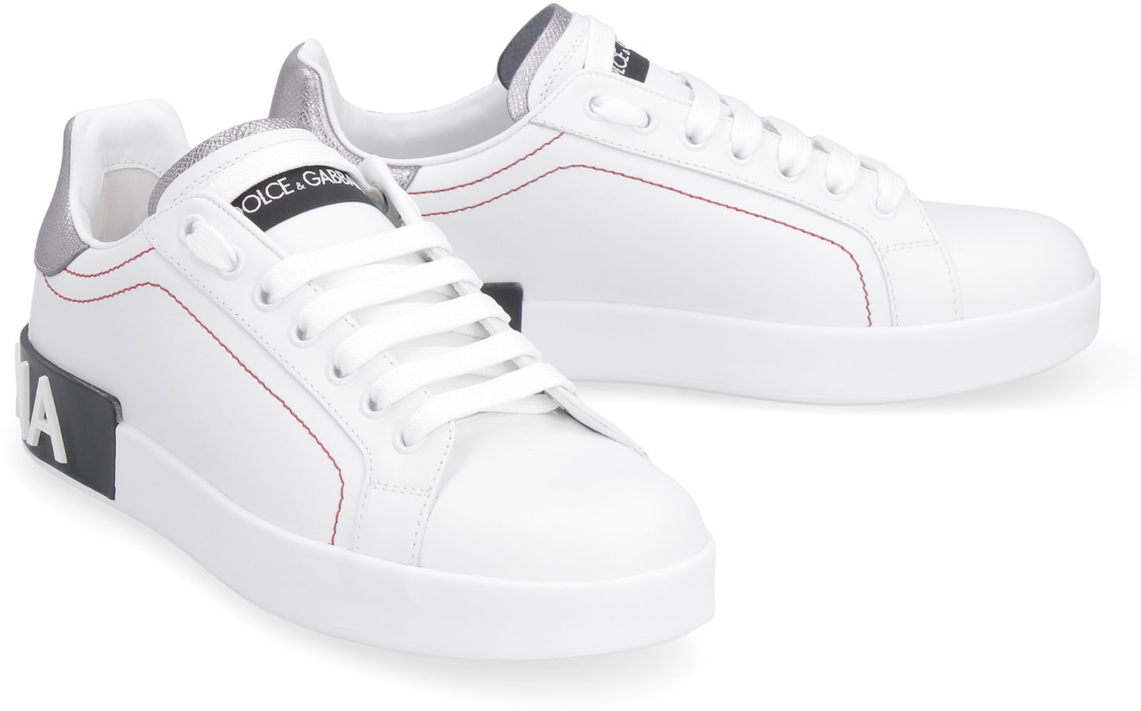 Shop Dolce & Gabbana Leather Low-top Sneakers In Bianco/argento