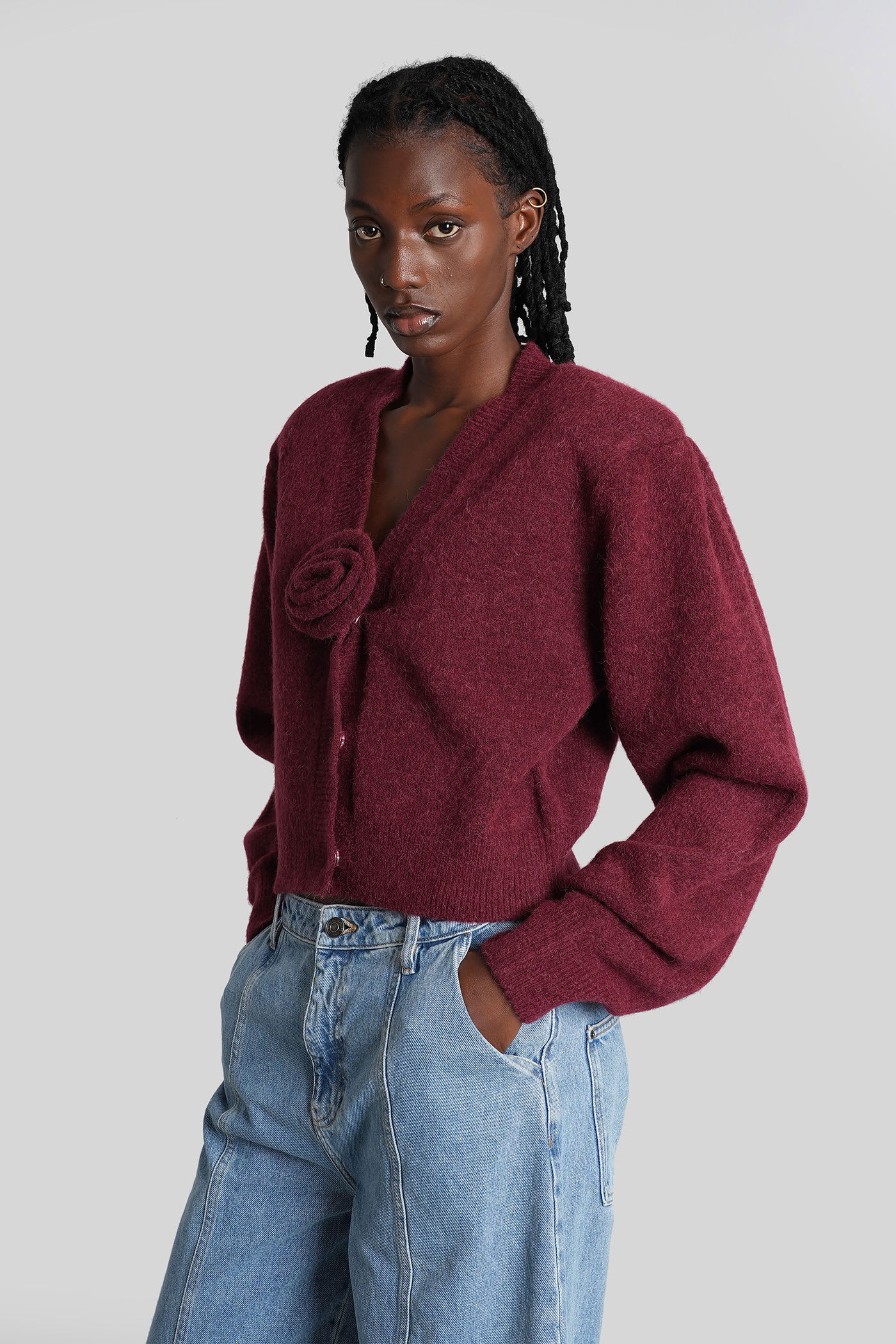 Rotate Birger Christensen Rotate Cropped Burgundy Sweater With Deep V-neckline And Floral Embellishment In Burgundy