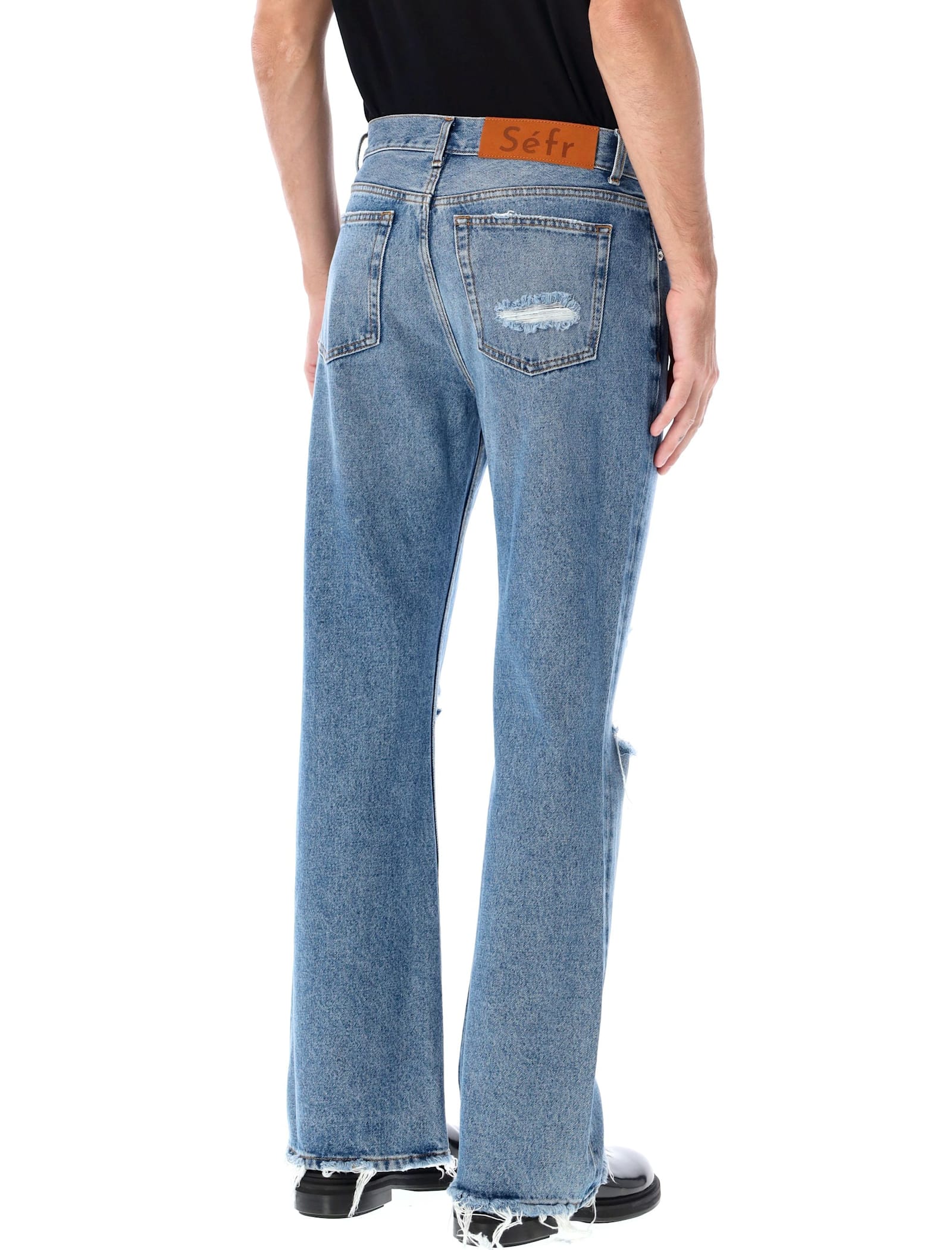 Shop Séfr Rider Cut Jeans In Trashed Mid Blue