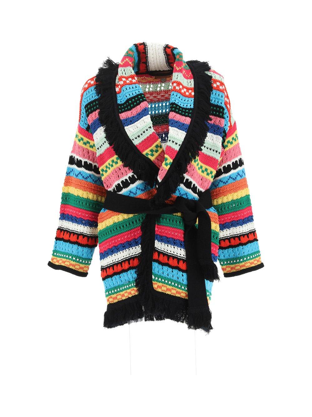 Alanui Over The Horizon Striped Belted Open-knit Cotton Cardigan In Black