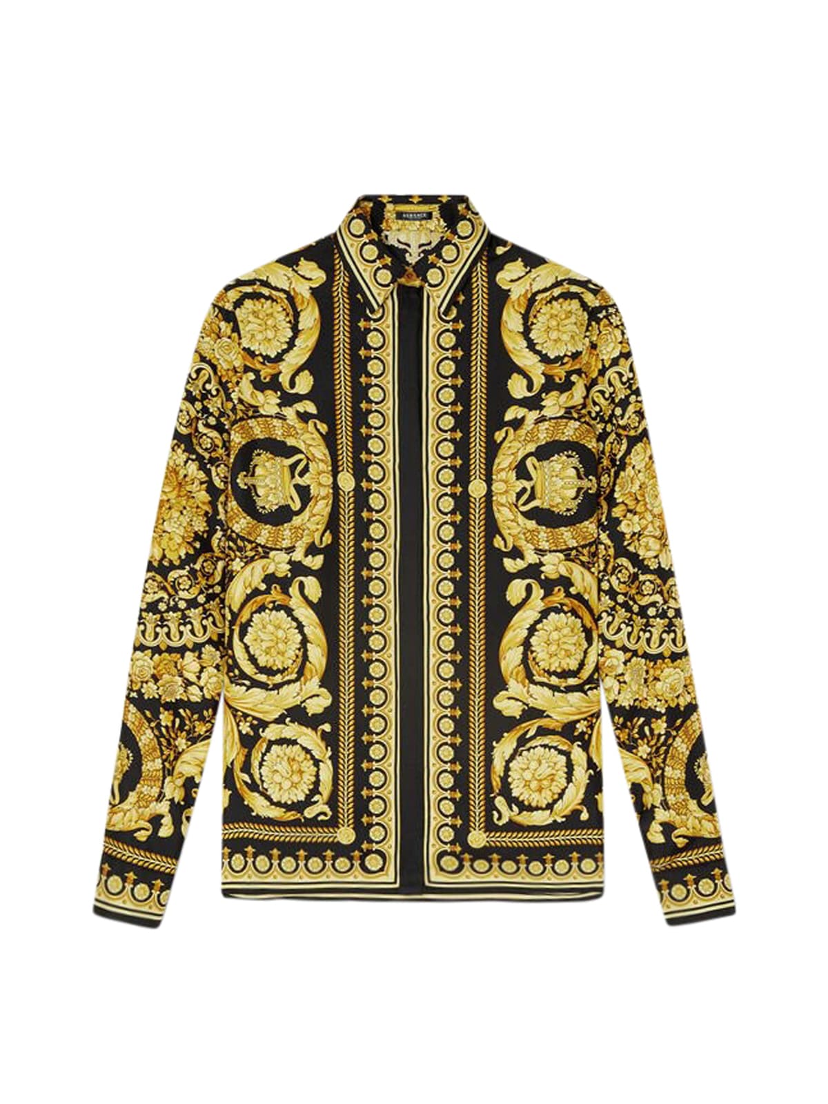 Versace Formal Shirt Twill Silk Fabric With Baroque Heritage Print In Black Gold