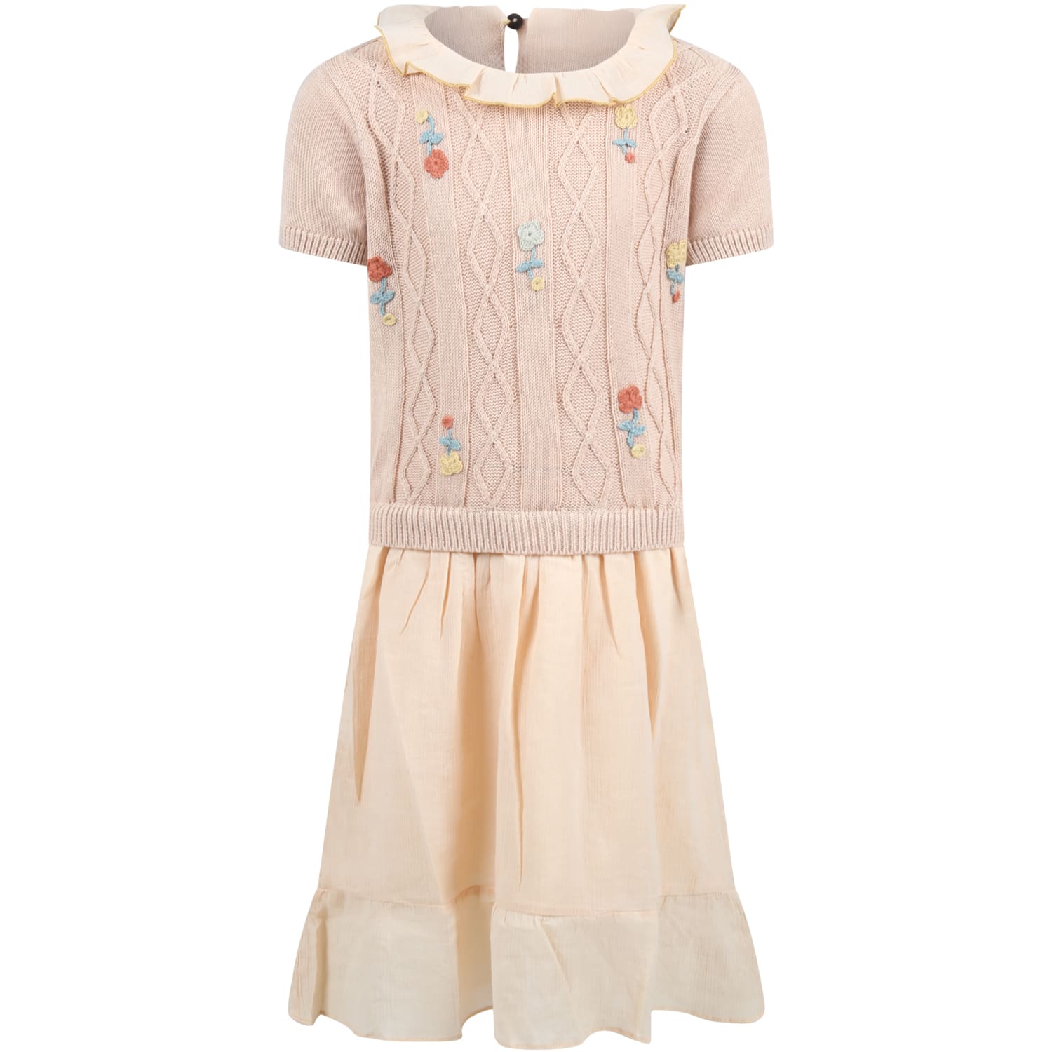 Coco Au Lait Beige Dress For Girl With Embroidered Flowers