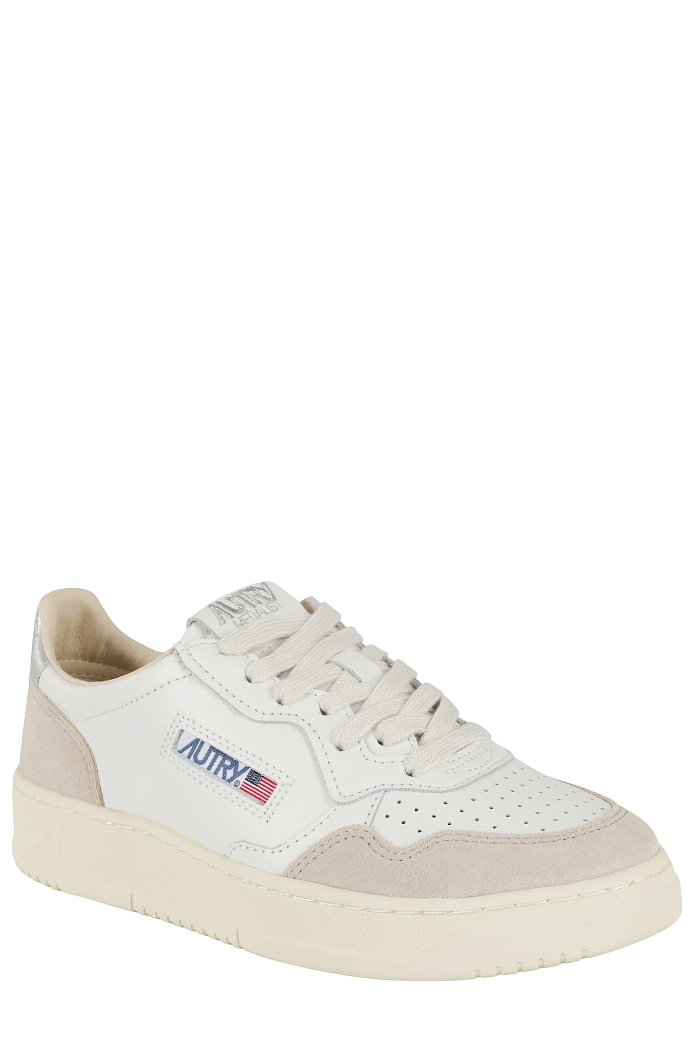 Autry Low-top Sneakers With Hybrid Leather Design And Metallic Accent In Silver