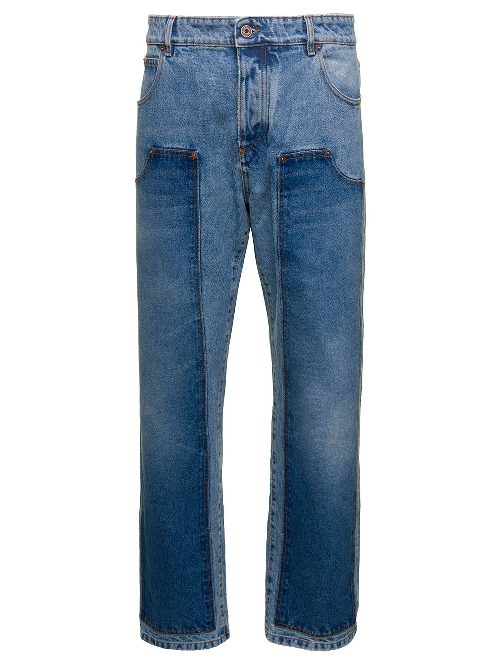 BALMAIN LIGHT BLUE PATCHWORK STRAIGHT JEANS WITH LOGO PATCH IN COTTON DENIM MAN