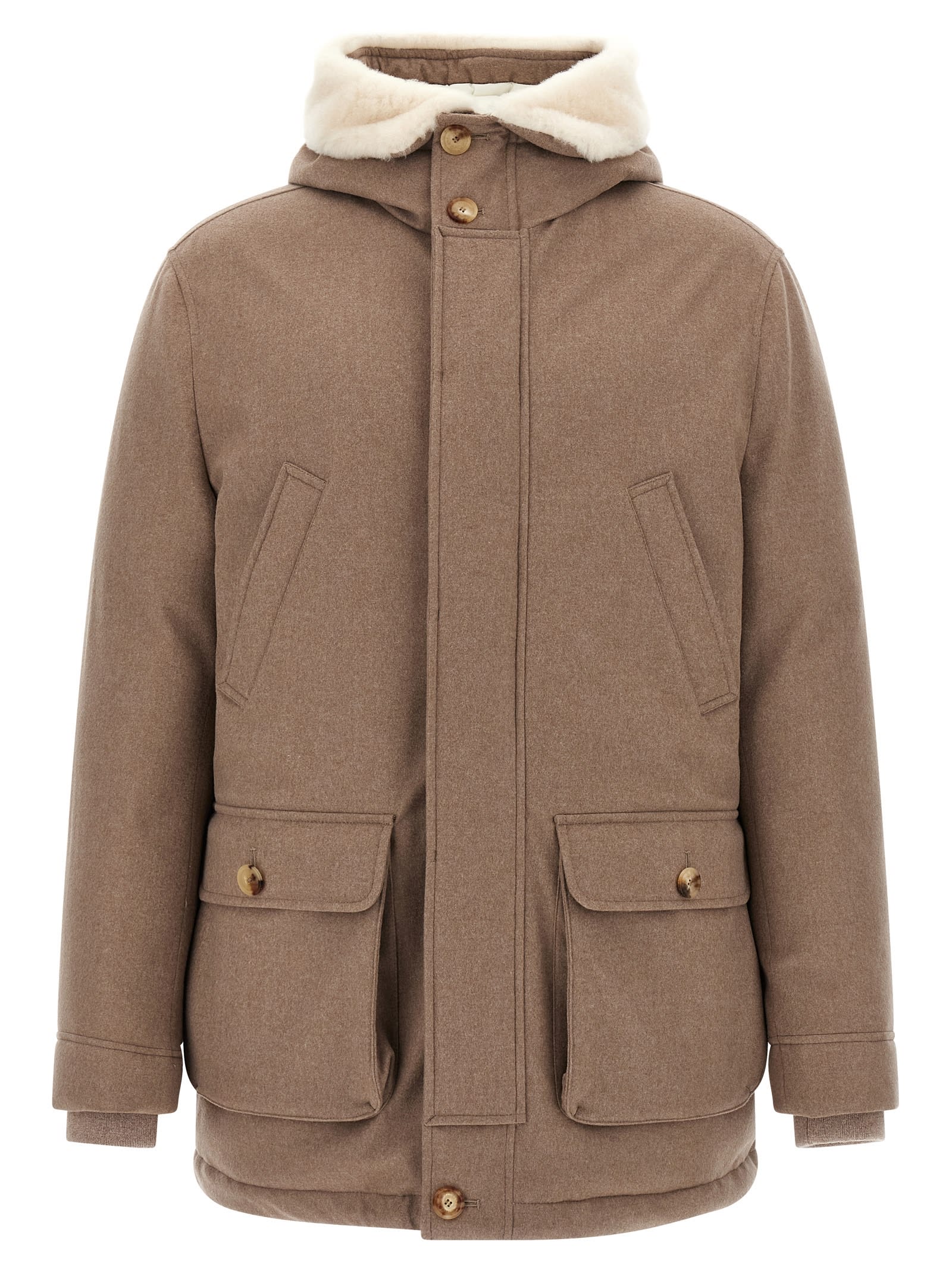 Brunello Cucinelli Flannel Down Jacket Puffer Jackets Beige In Brown