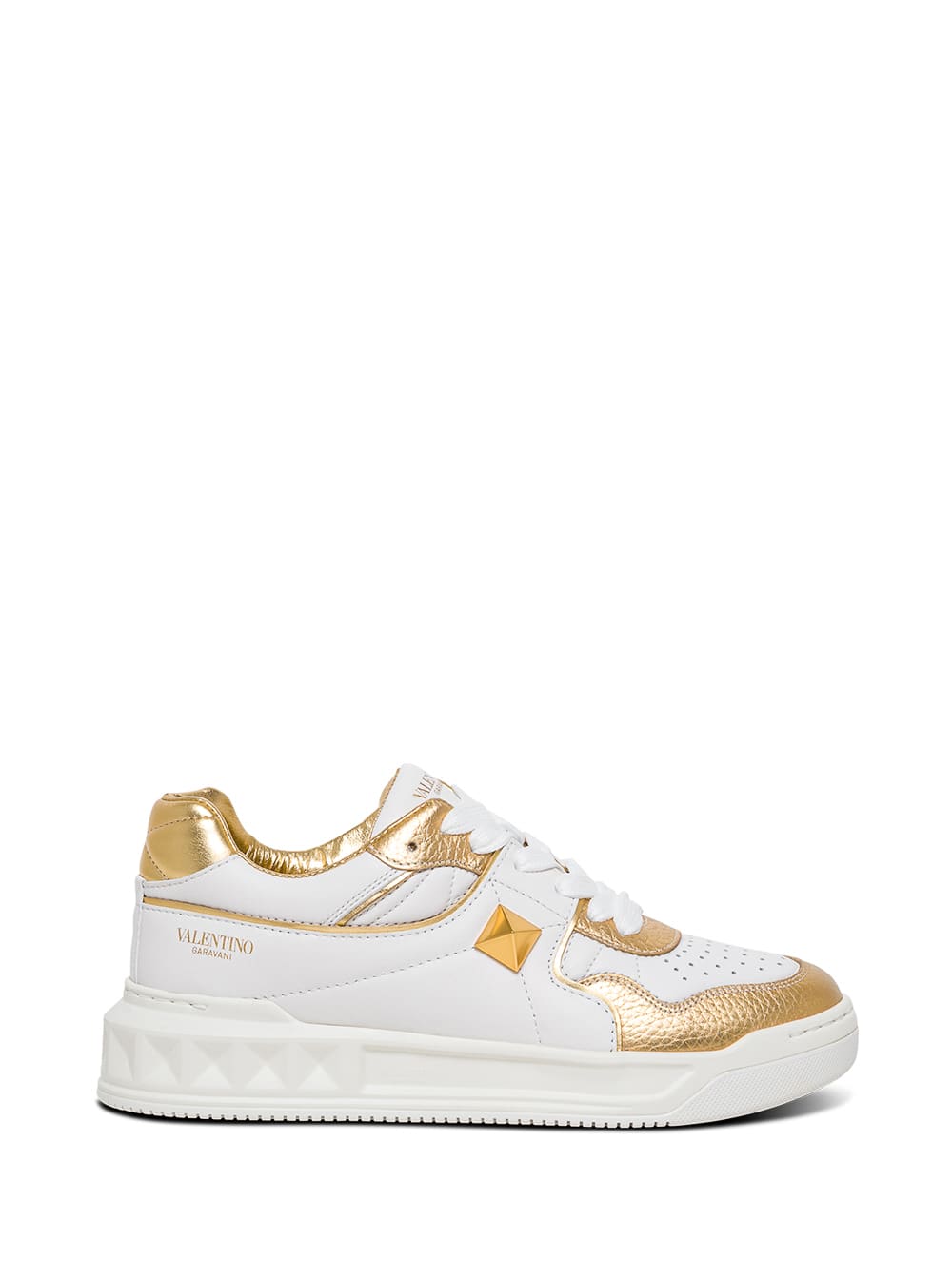 Valentino Garavani White And Gold Leather One Stud Sneakers
