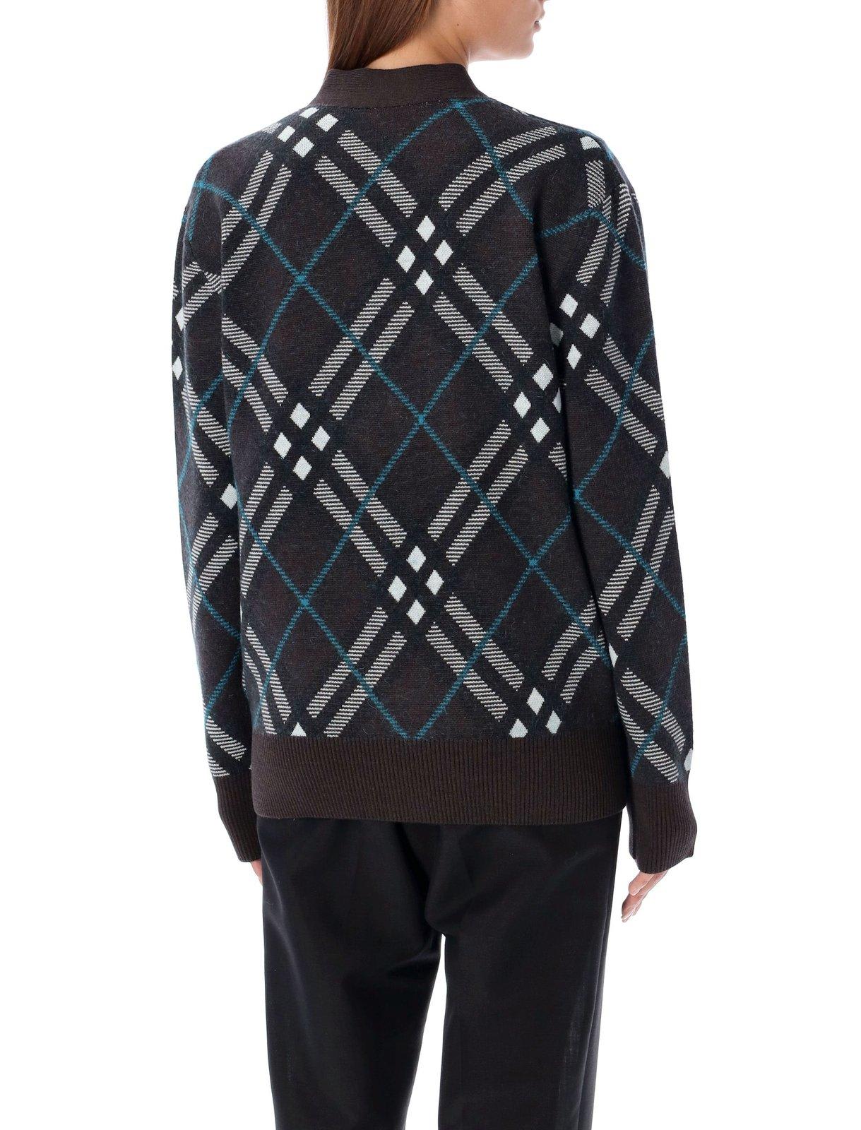 Shop Burberry Checked V-neck Buttoned Cardigan In Marrone