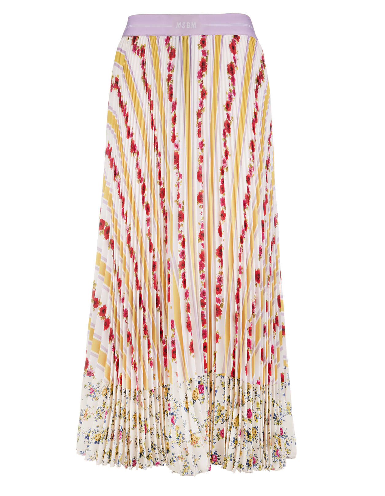 MSGM Pleated Longuette Skirt With Multicolored Print Of Stripes And Flowers