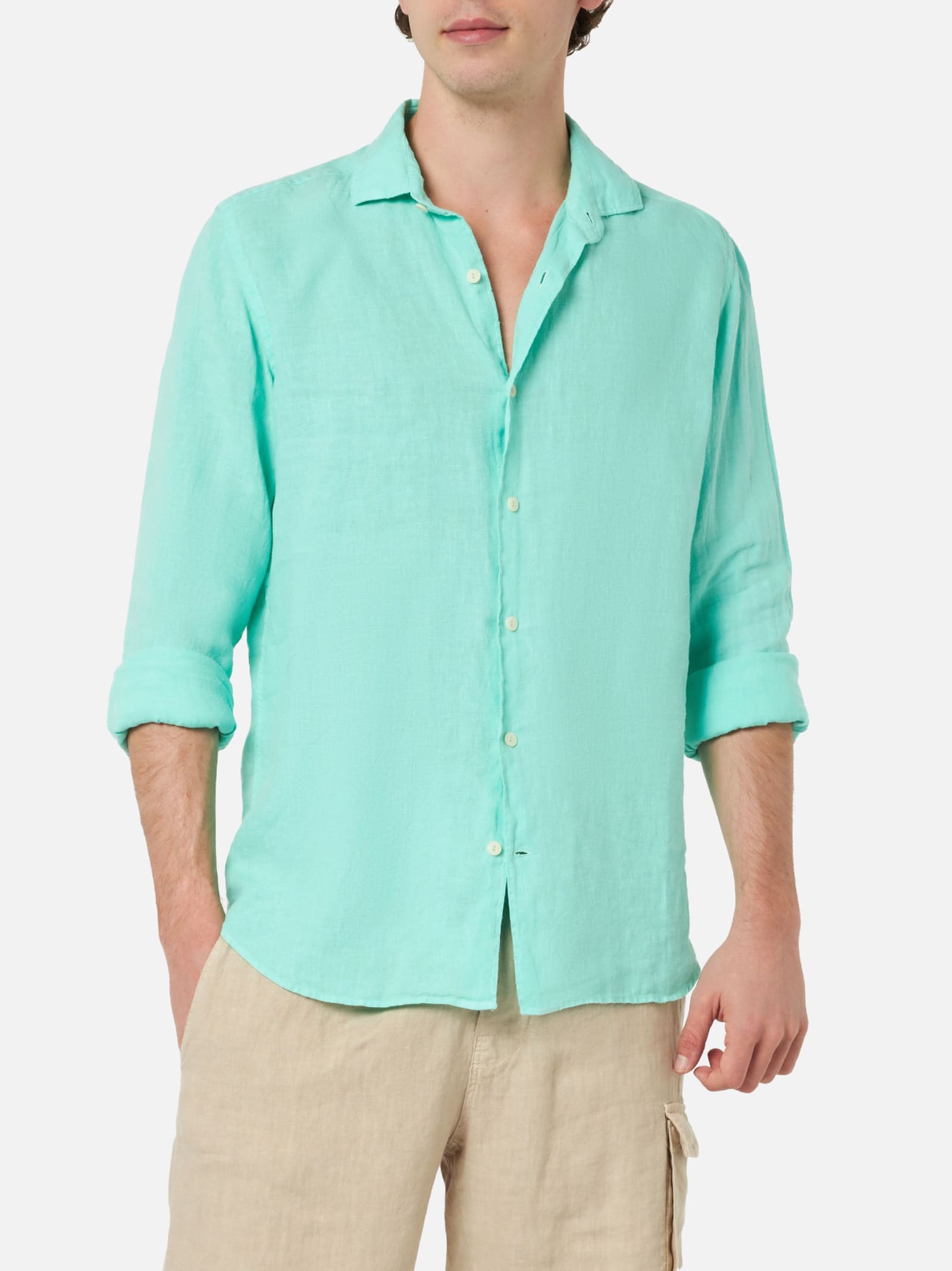 Mc2 Saint Barth Man Mint Green Linen Shirt Pamplona In Green