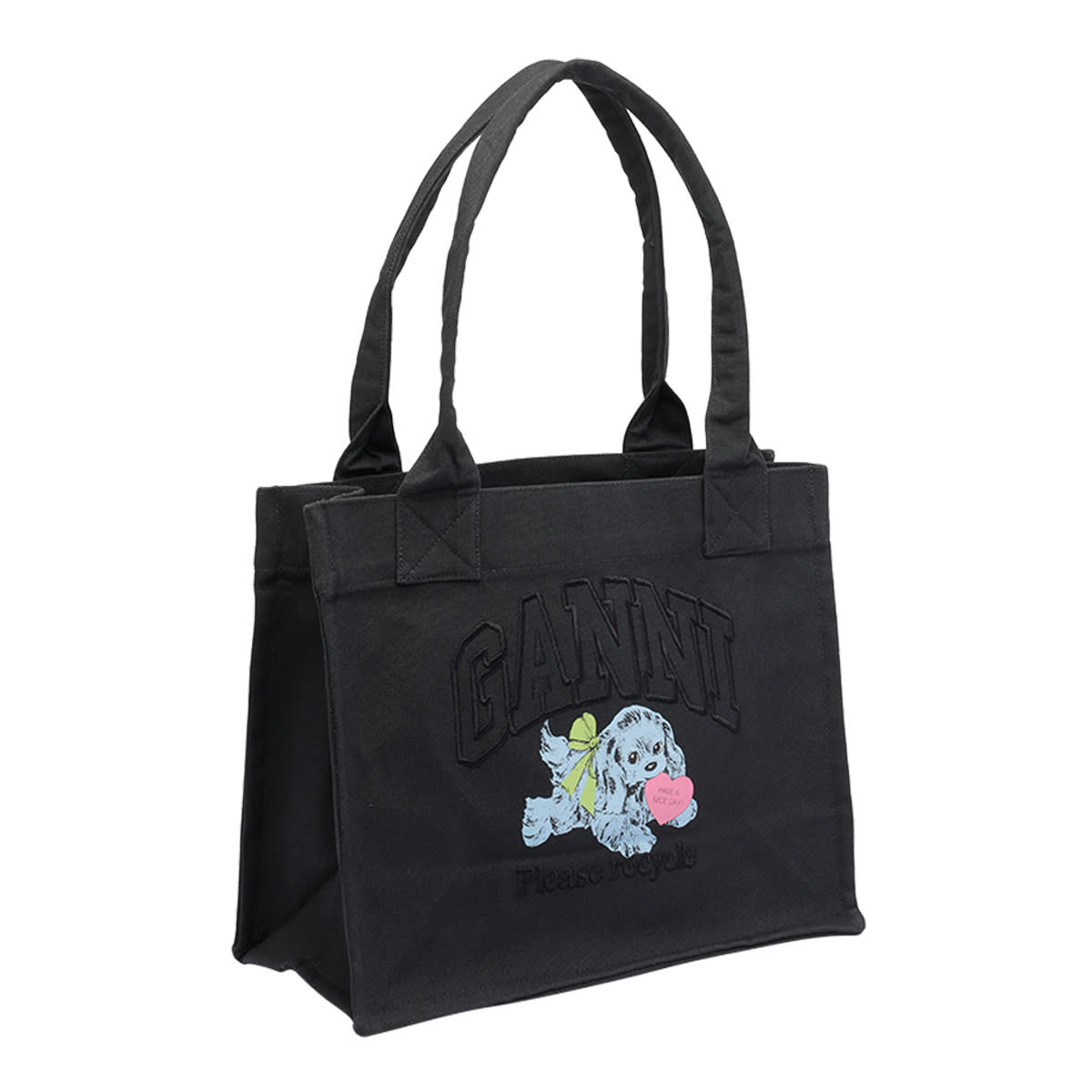 Ganni Black Large Black Shopper With Double Handles And Front Decoration In Cotton Woman In Gray