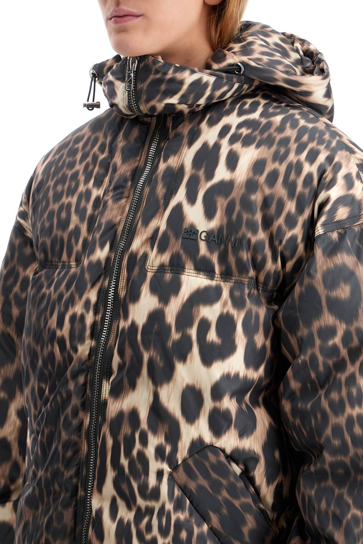 Ganni Leo Puffers Midi Style Down Jacket In Almond Milk