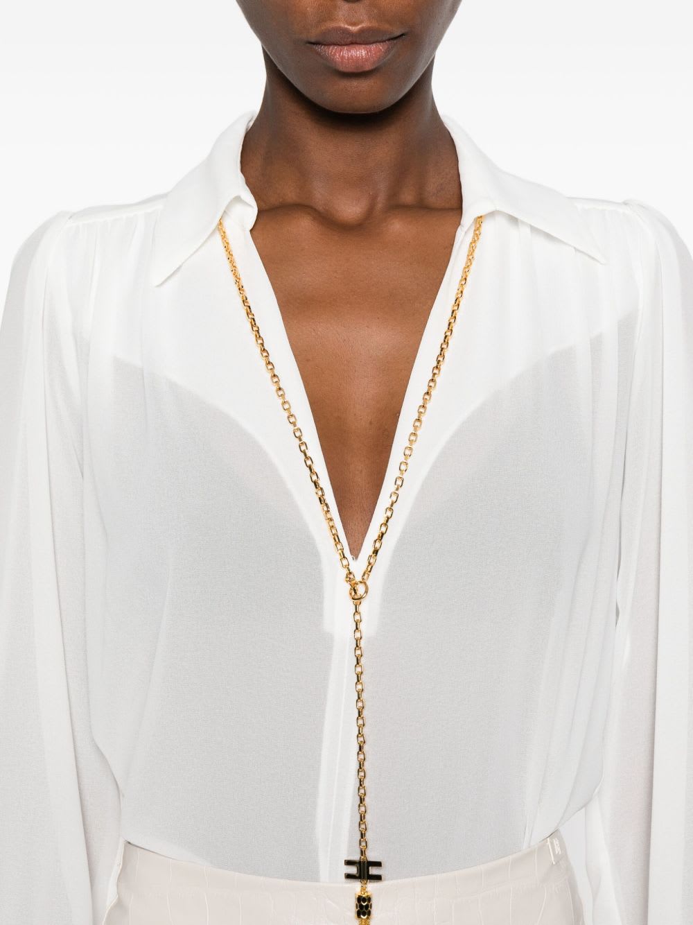 Elisabetta Franchi Chic Long Sleeve Sheer Top With Chain In White